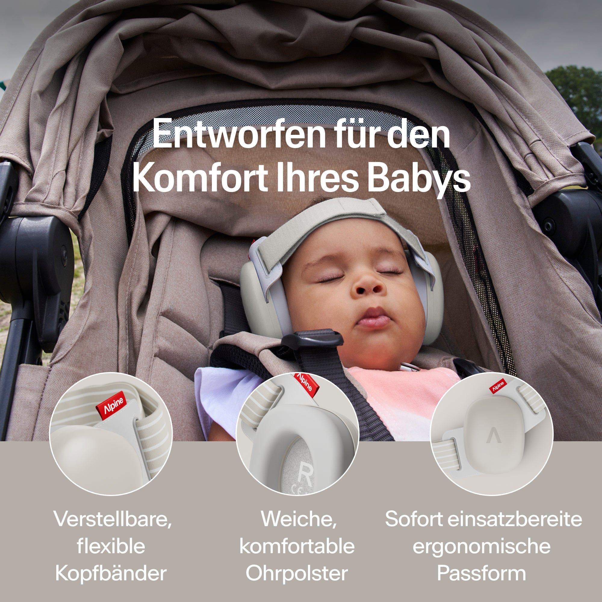Schlafendes Baby im Kinderwagen mit sandfarbenem Alpine Gehörschutz; verstellbares Band, weiche Ohrpolster