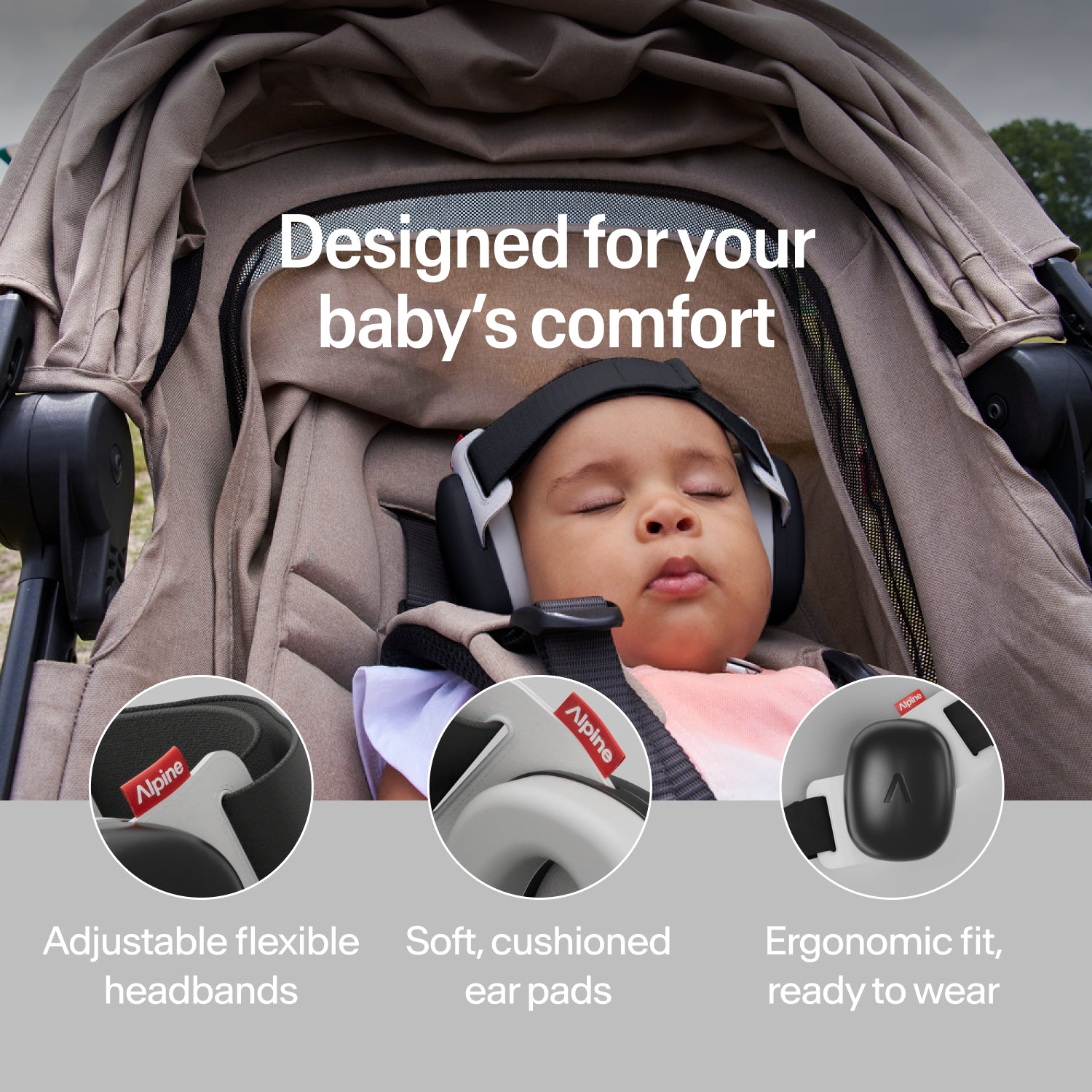 Sleeping baby wearing black Alpine ear muffs in stroller, adjustable headband and soft ear pads