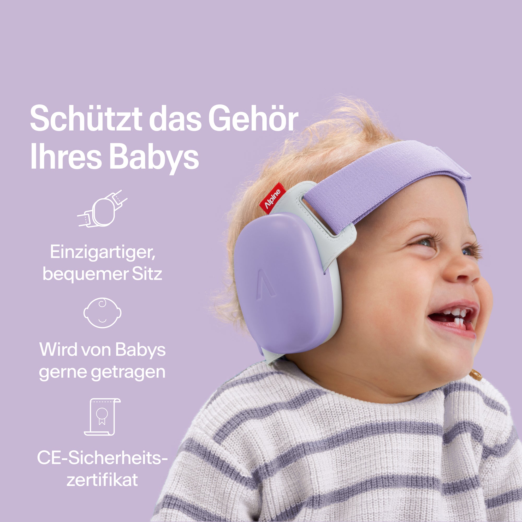 Fröhliches Baby trägt Alpine Gehörschutz dawn-purple, sicherer Sitz, CE-zertifizierter Gehörschutz