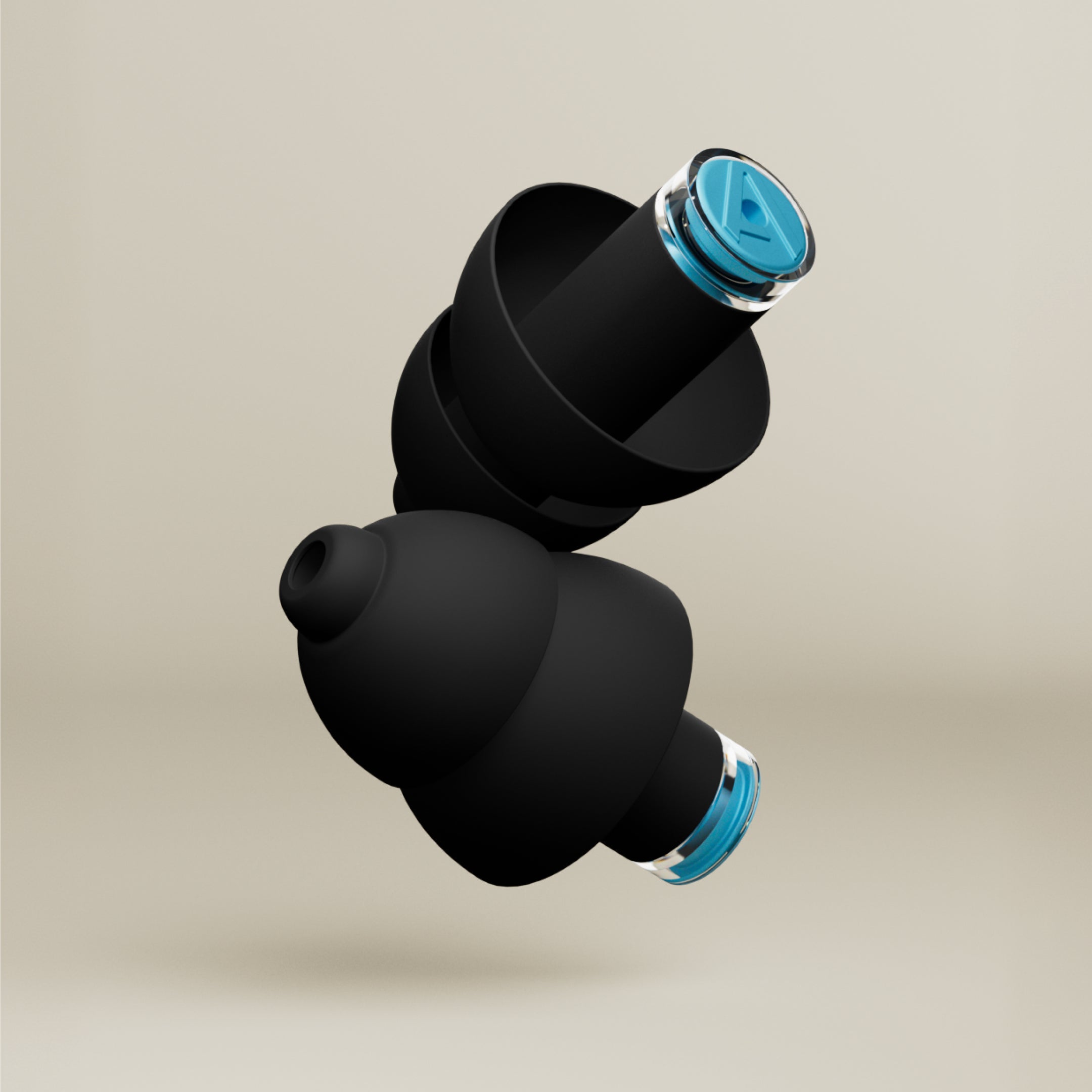 Pair of black Alpine 24h Le Mans® Earplugs with blue filters, 3D render