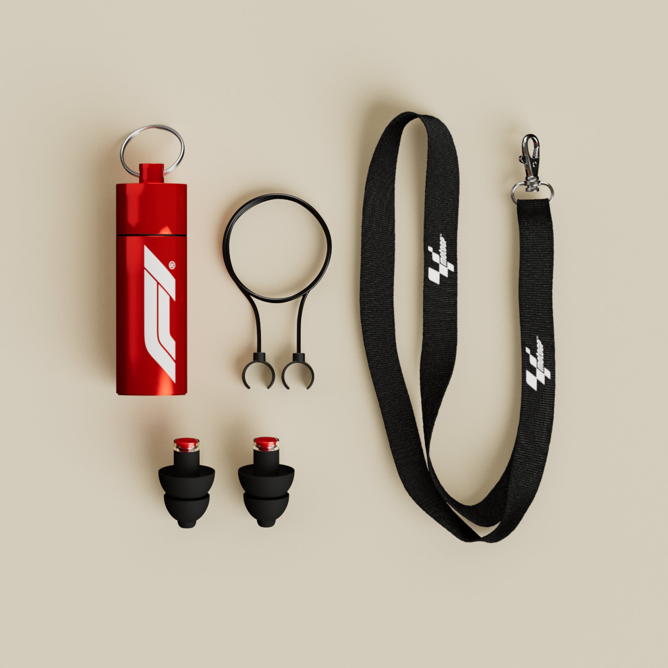 Alpine Formula 1 Earplugs set with two earplugs, red F1 keychain case, cord and F1 lanyard