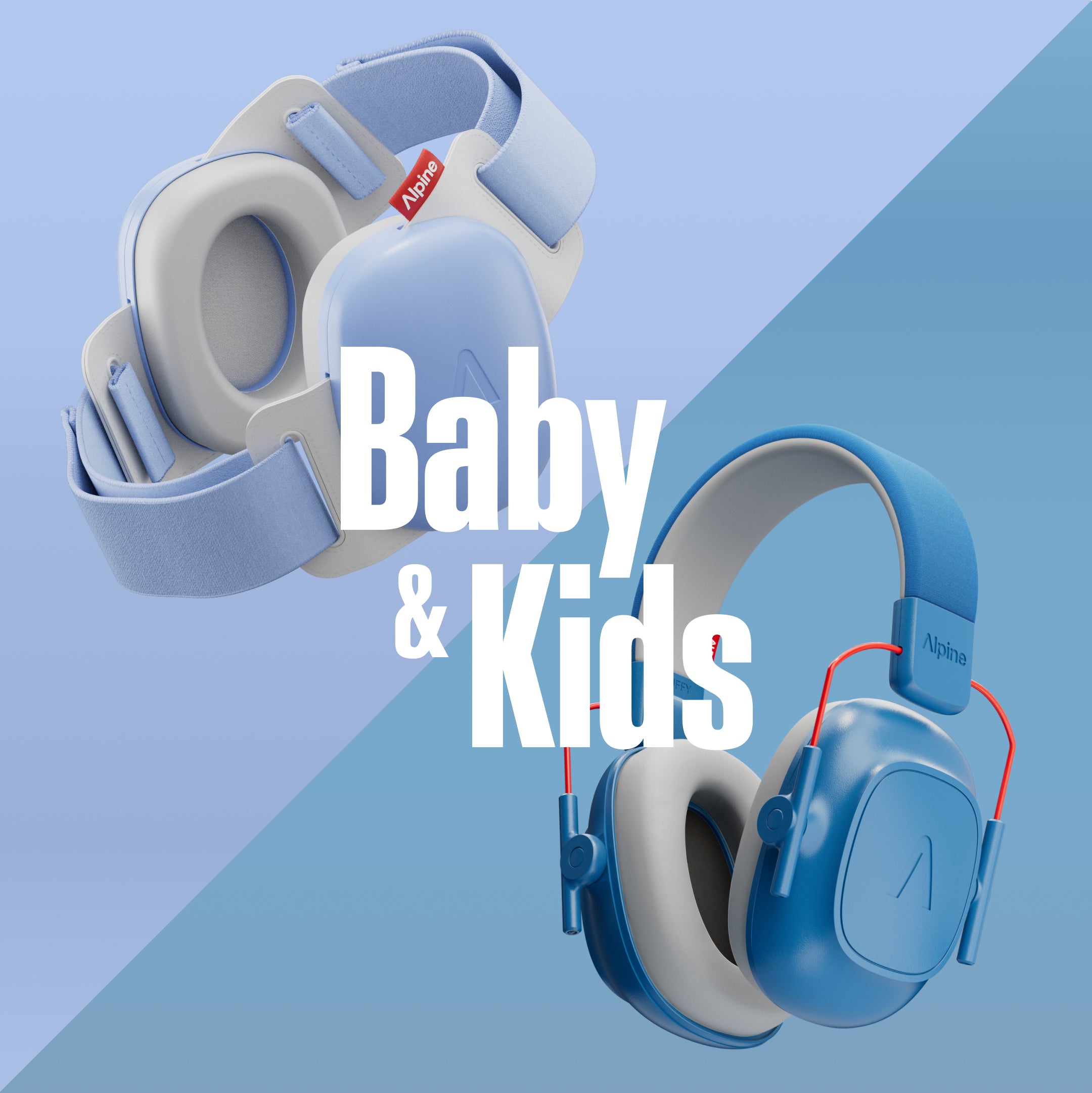Blue children& alpine earmuffs with a carrying case on a blue and gray gradient background, featuring the text & & Kids&