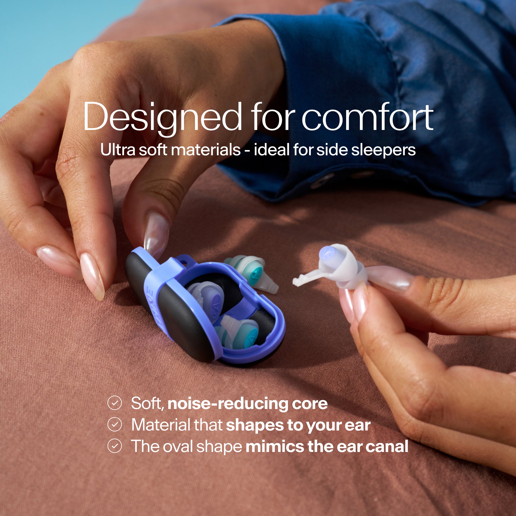 Earpod with soft materials for side sleepers on a brown surface