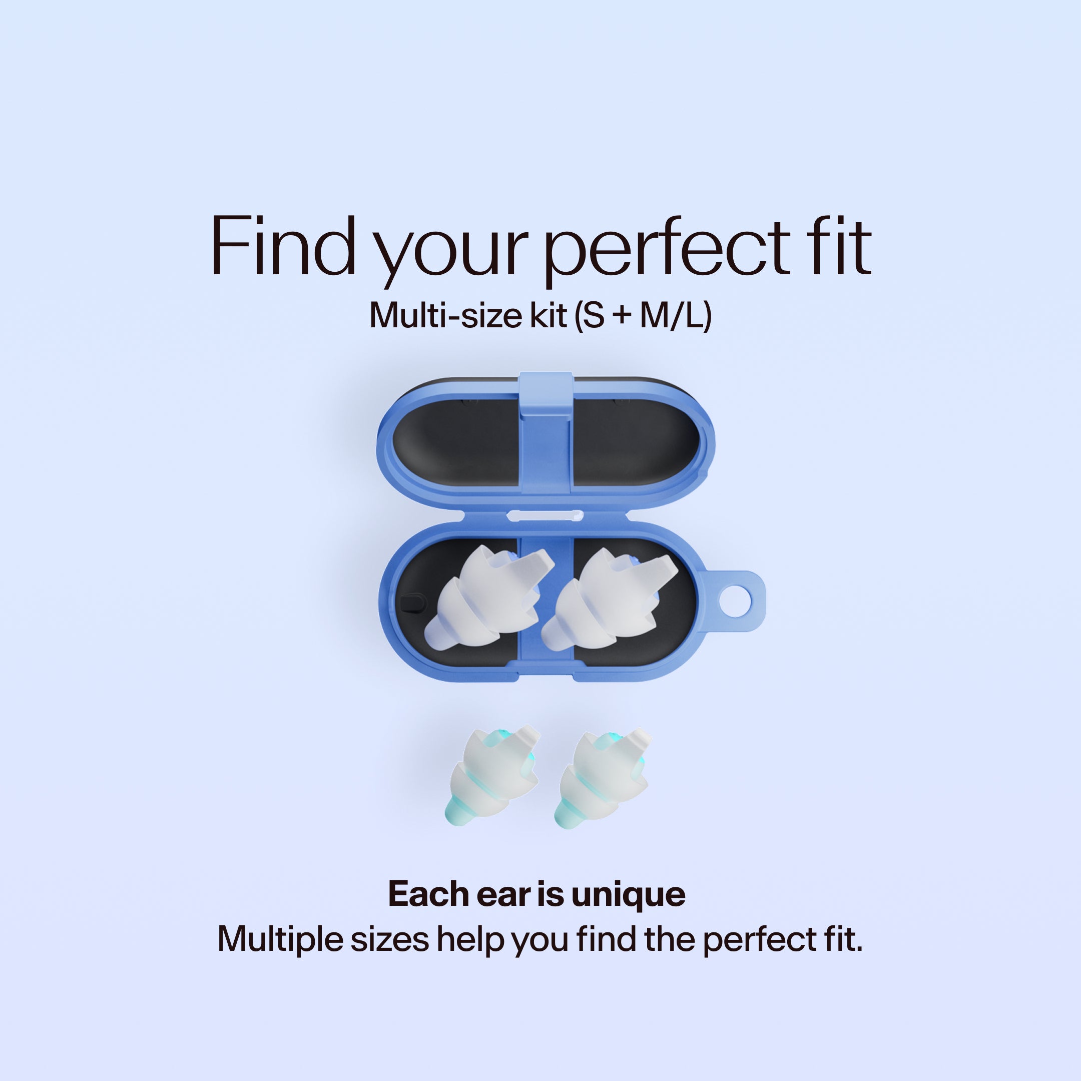 Earbud cases with earbuds inside on a light blue background, featuring text about finding the perfect fit. #pdp_always