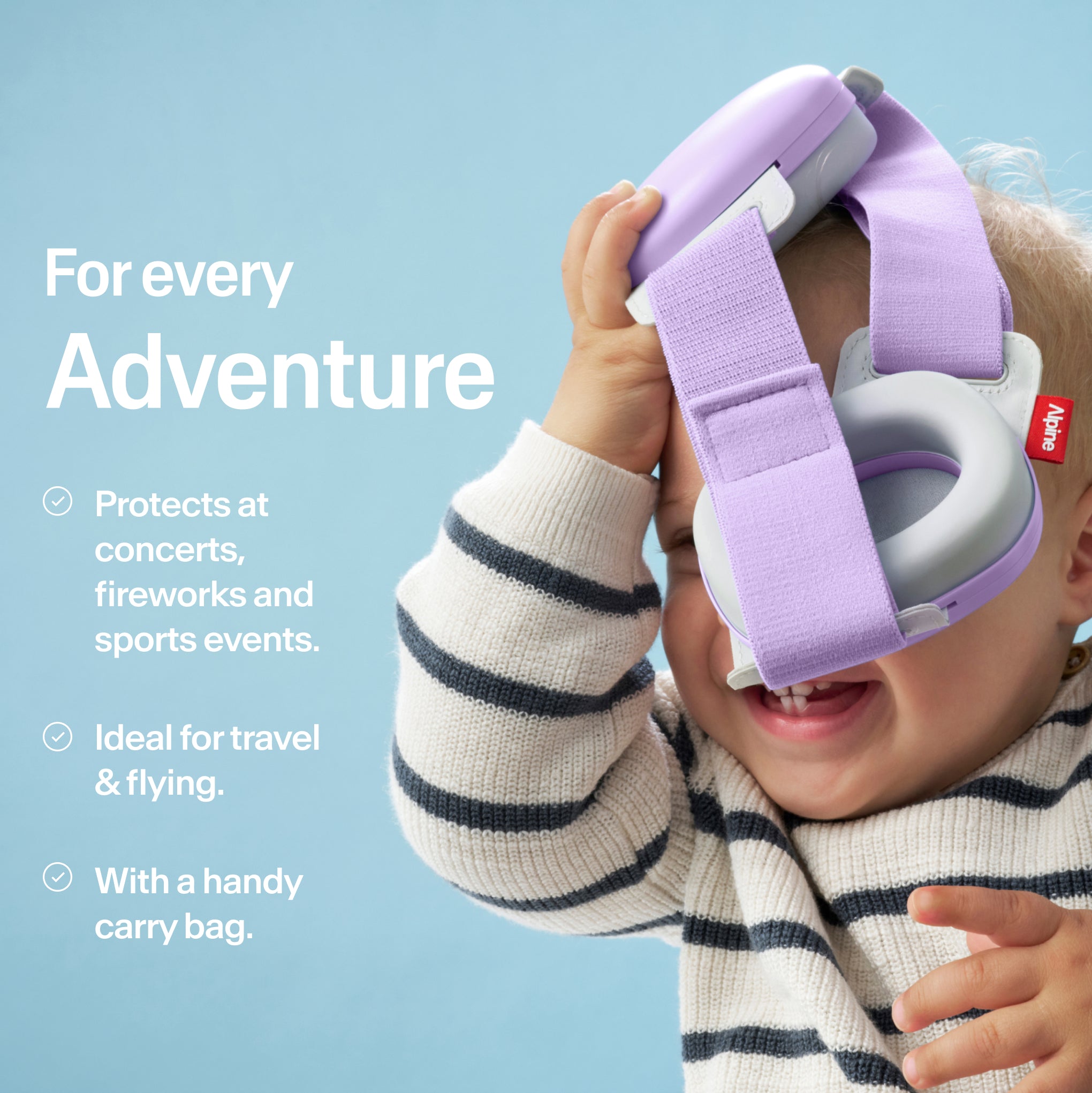 Baby holding Alpine Muffy Baby in dawn purple in hand with USPs for use