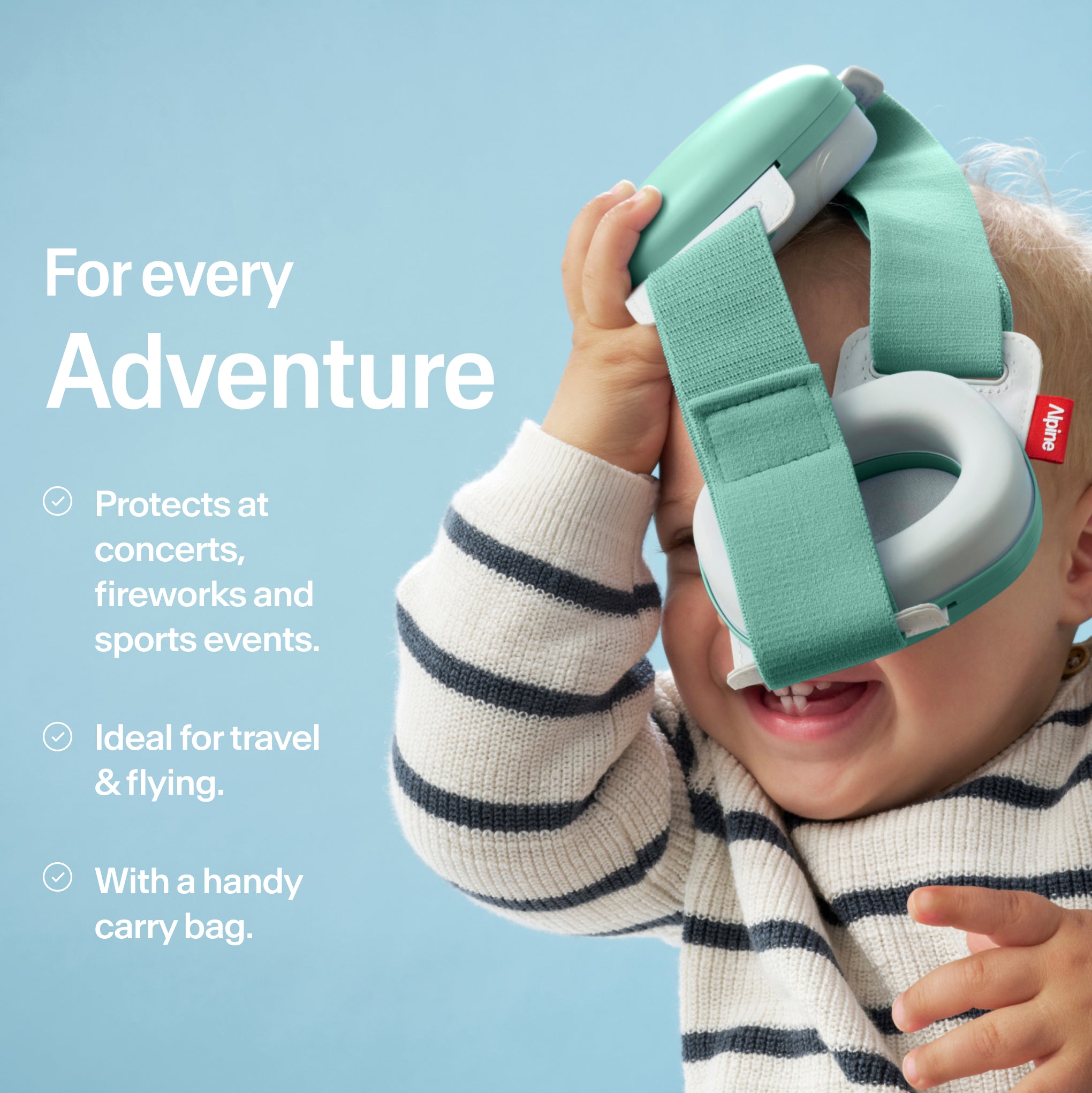 Baby holding Alpine Muffy Baby in sage green in hand with USPs for use