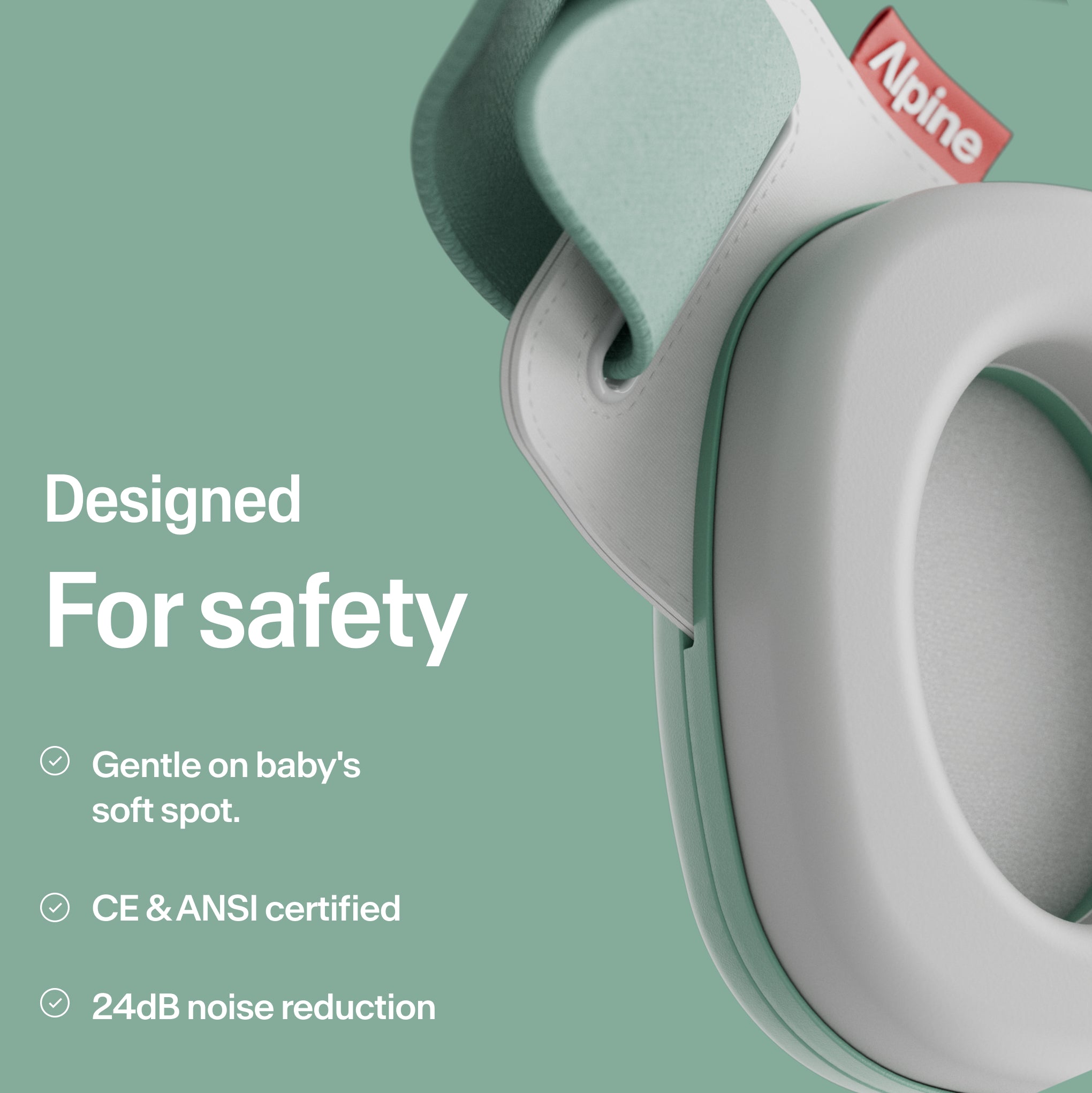 Close-up Alpine Muffy Baby in sage green with explanation about product safety