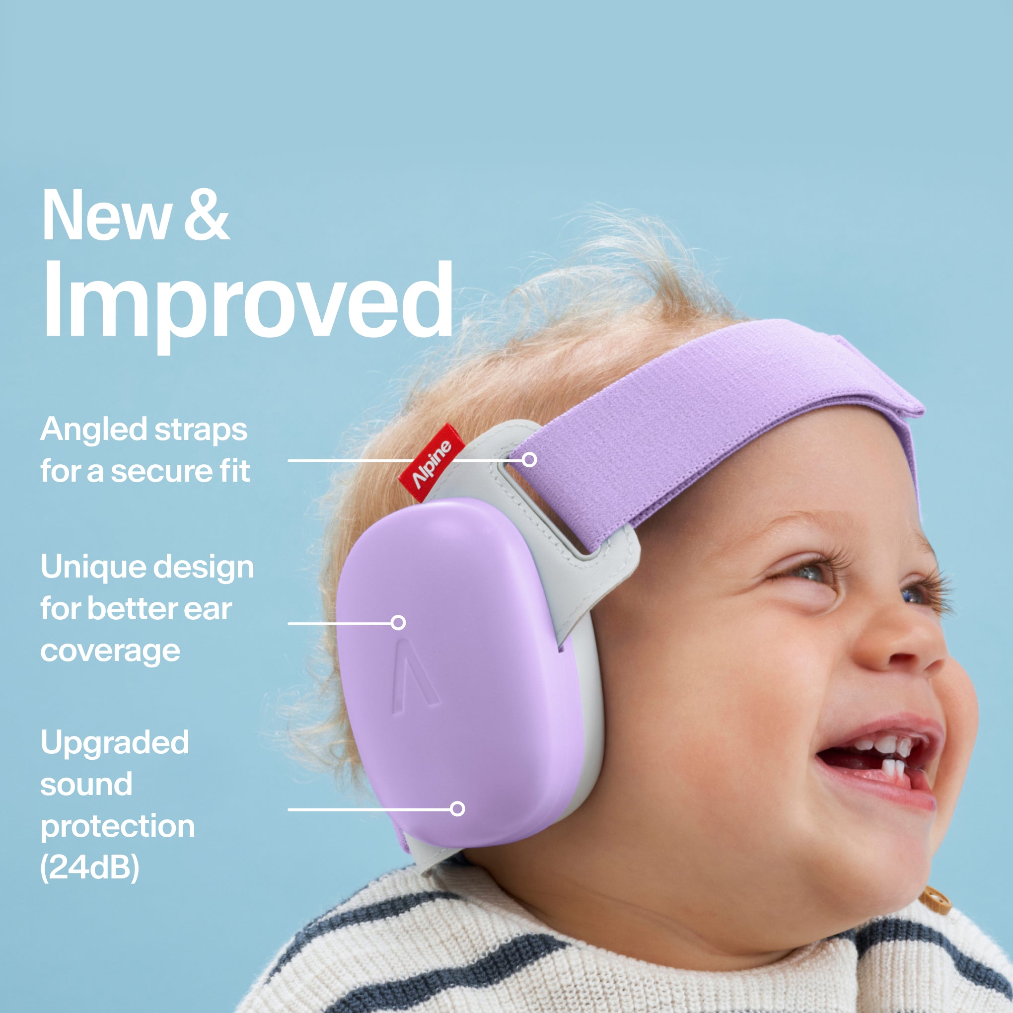 Baby wearing Alpine Muffy Baby in dawn purple on the head