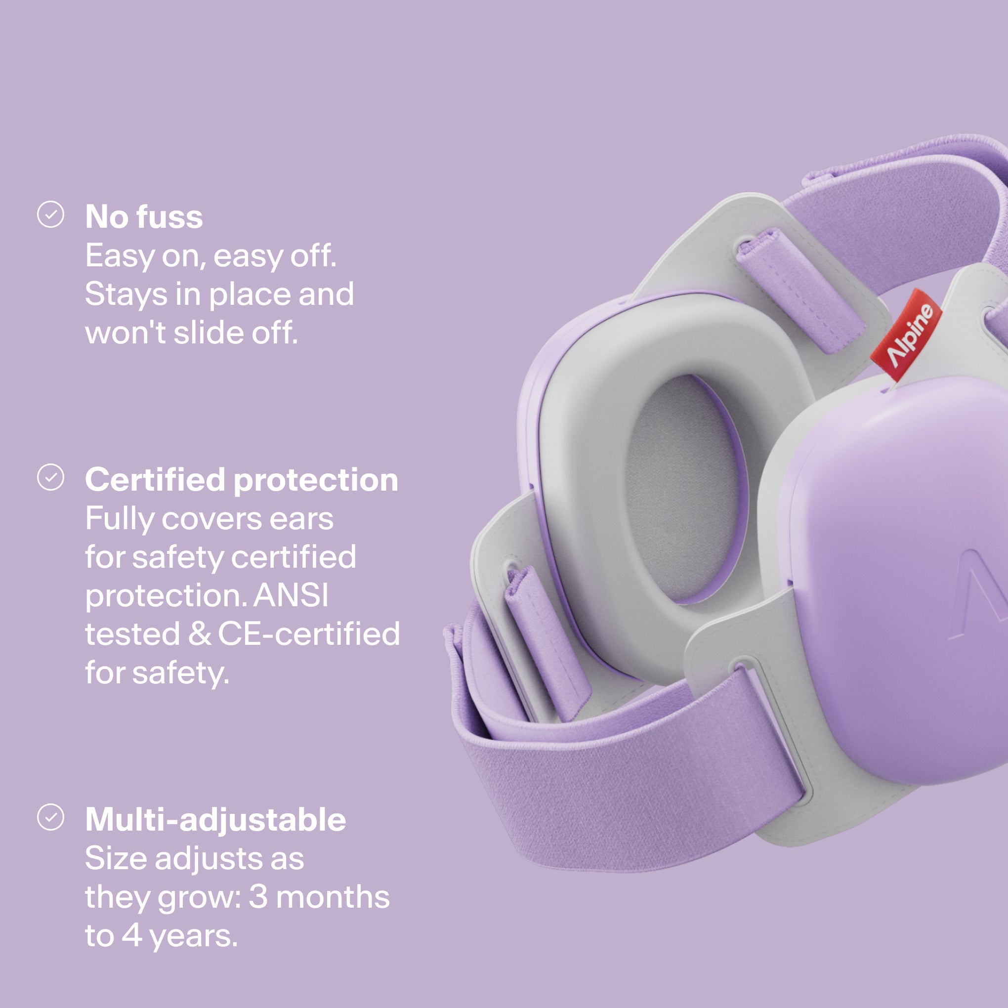 Render Alpine Muffy Baby in dawn purple with three USPs: easy for kids, protection, and adjustable
