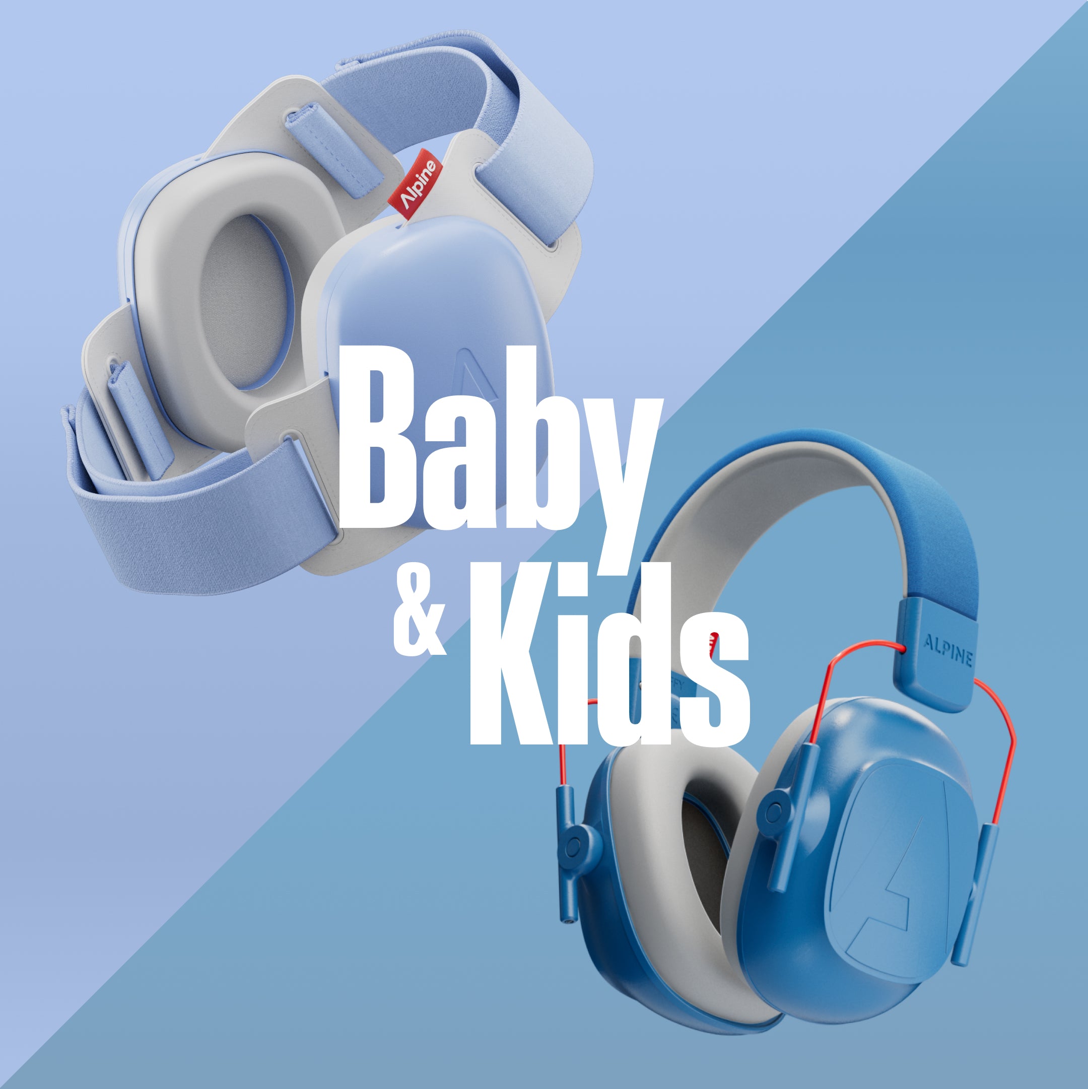 Blue children& alpine earmuffs with a carrying case on a blue and gray gradient background, featuring the text & & Kids&