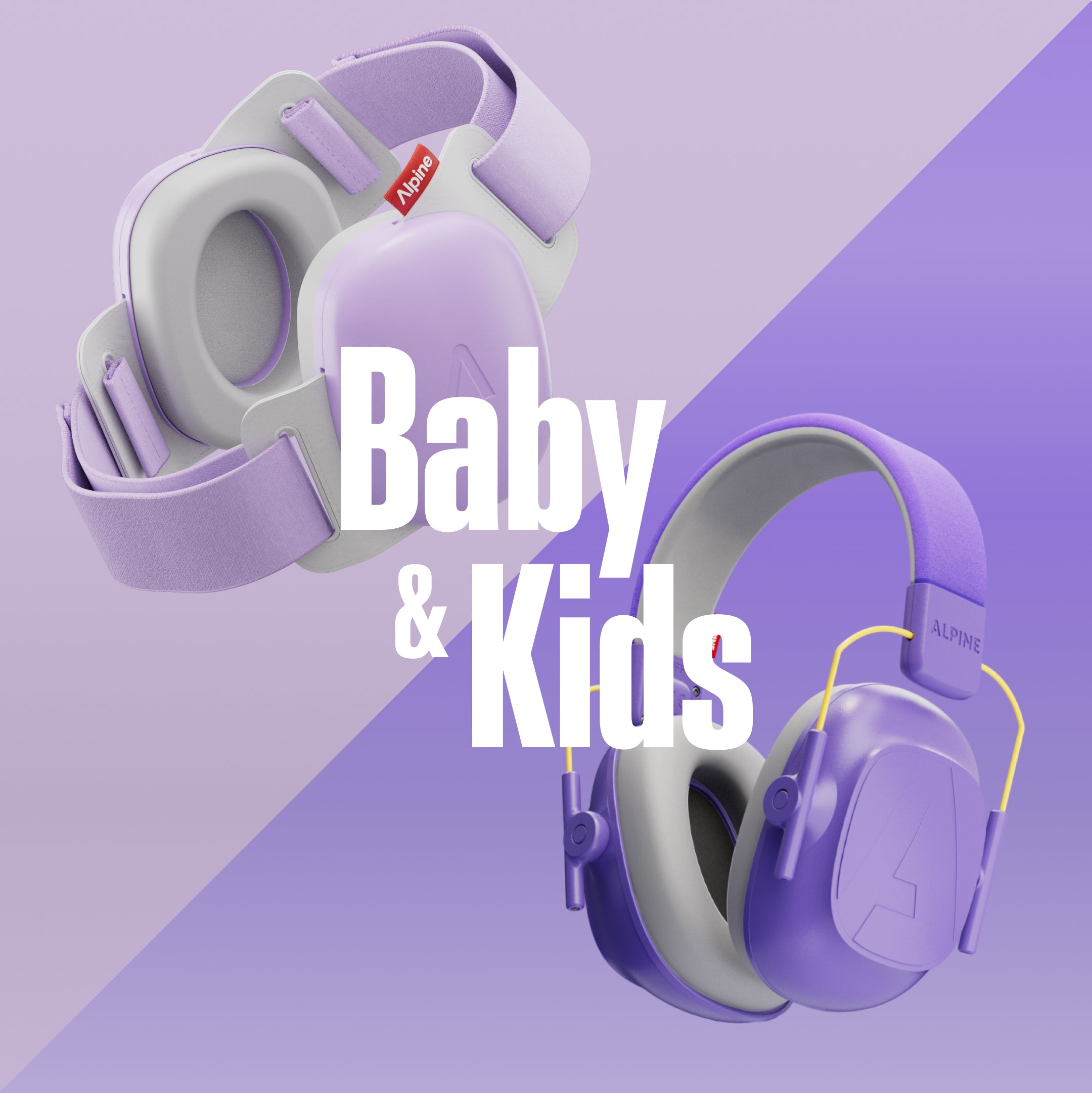 Purple children& earmuffs with packaging on a two-tone purple background, featuring the text & & Kids&