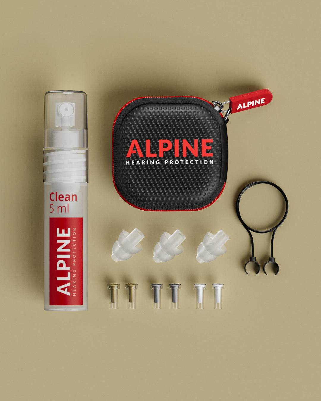 vue d’ensemble des bouchons d’oreilles Alpine MusicSafe Pro transparents avec accessoires
