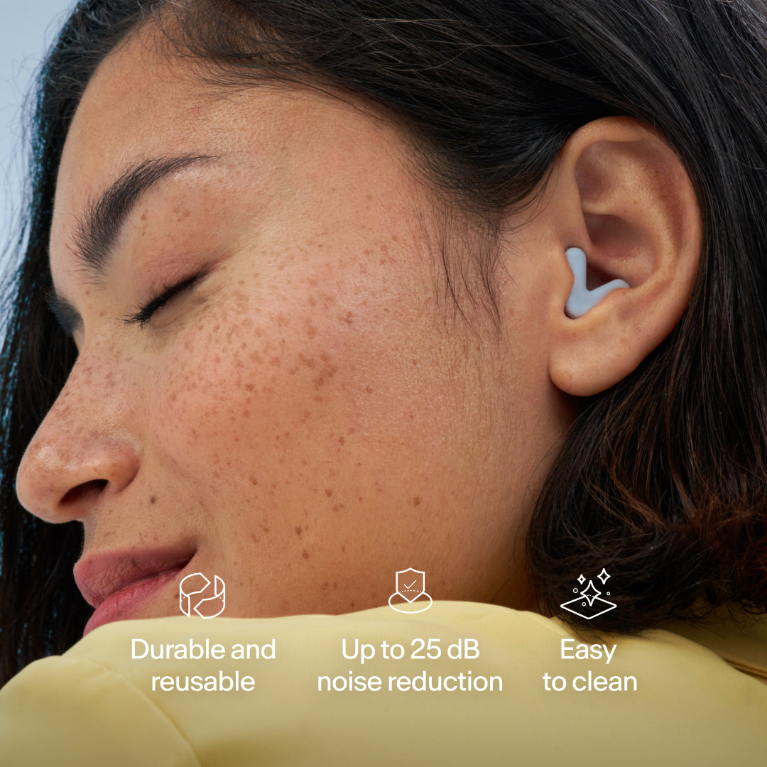 Alpine Silence earplugs in ear with key features – blue