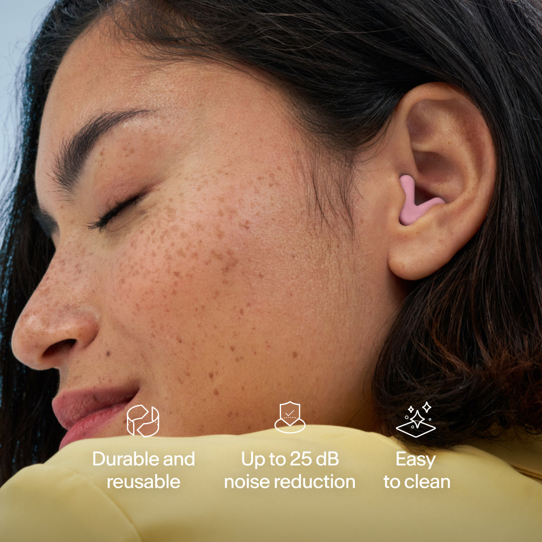 Alpine Silence earplugs in ear with key features – pink