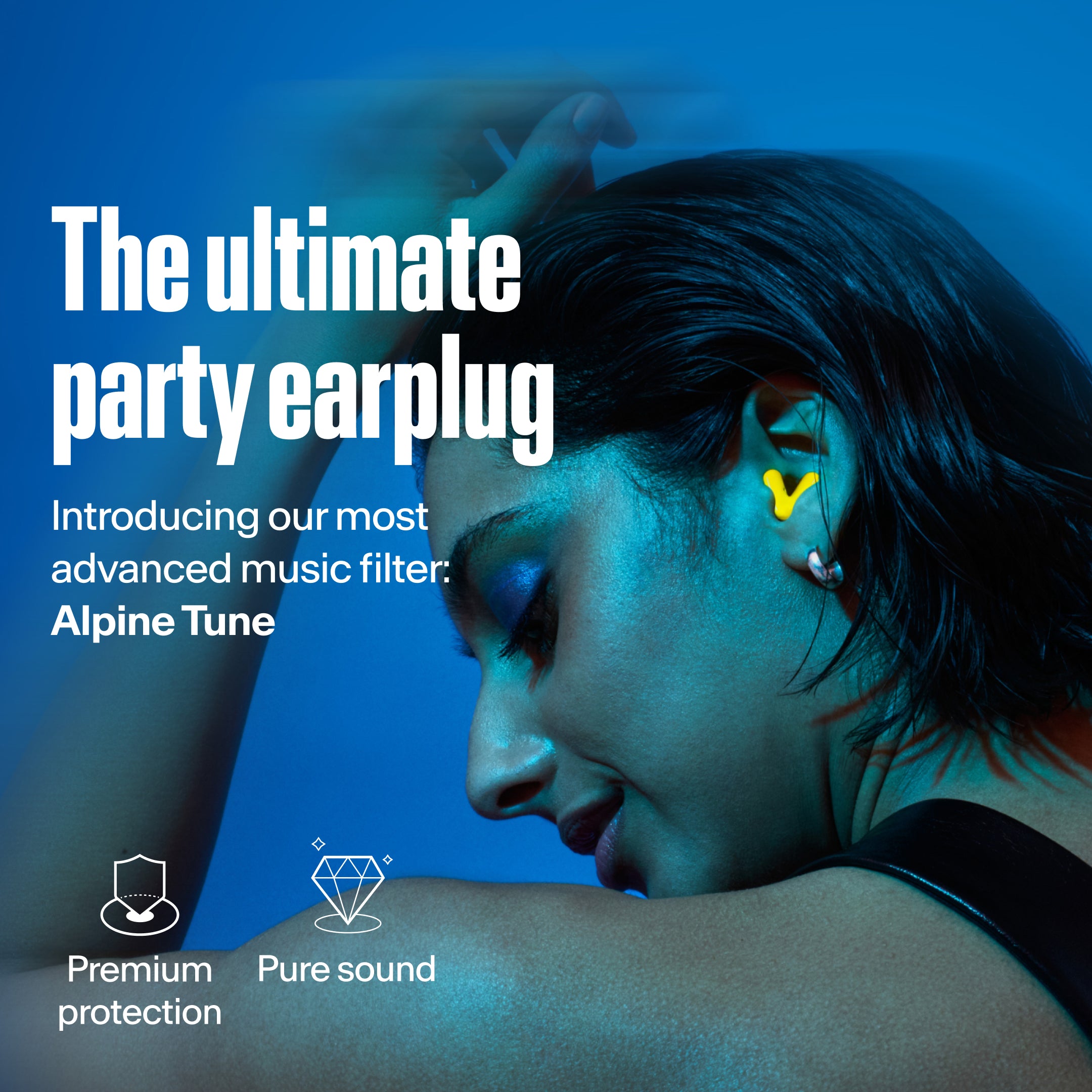 woman wearing alpine tune in neon-yellow showcasing usp tune is the most advanced music filter