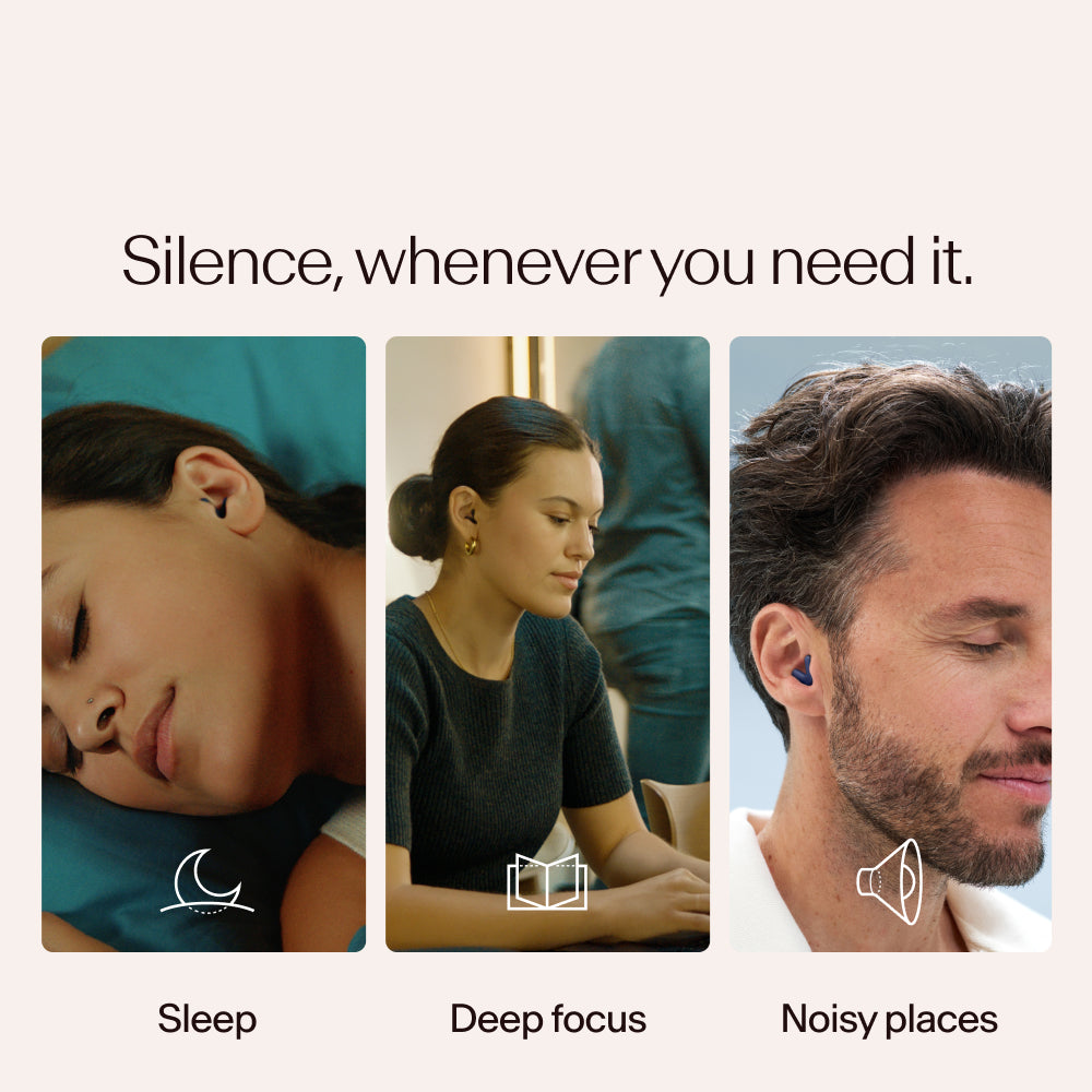 Three people in different states of rest or focus while wearing Alpine Silence in black, with text and icons indicating &