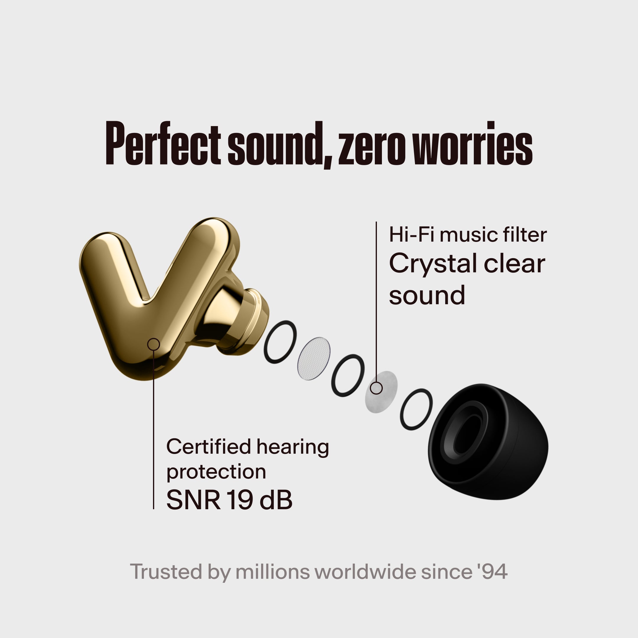 Alpine Tune gold earbuds with hi-fi filter highlighted, with the text &