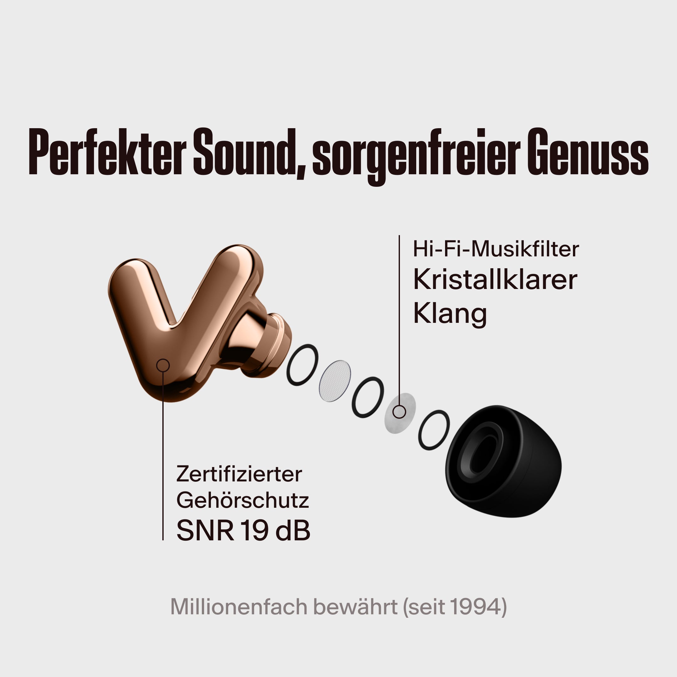Alpine Tune Ohrhörer in Rose-Gold mit hervorgehobenem Hi-Fi-Filter, mit dem Text &