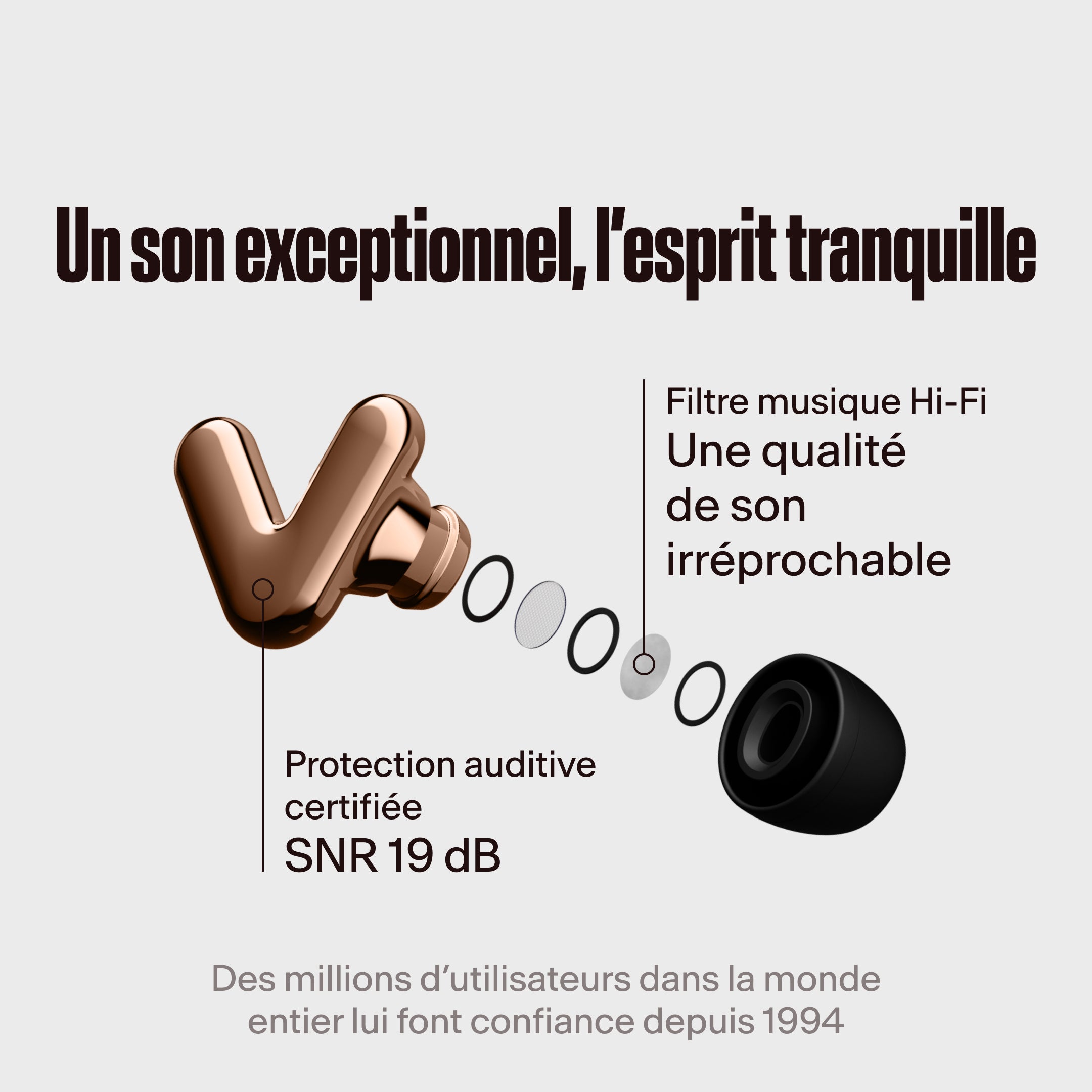 Écouteurs Alpine Tune rose-gold avec filtre hi-fi mis en avant, avec le texte &