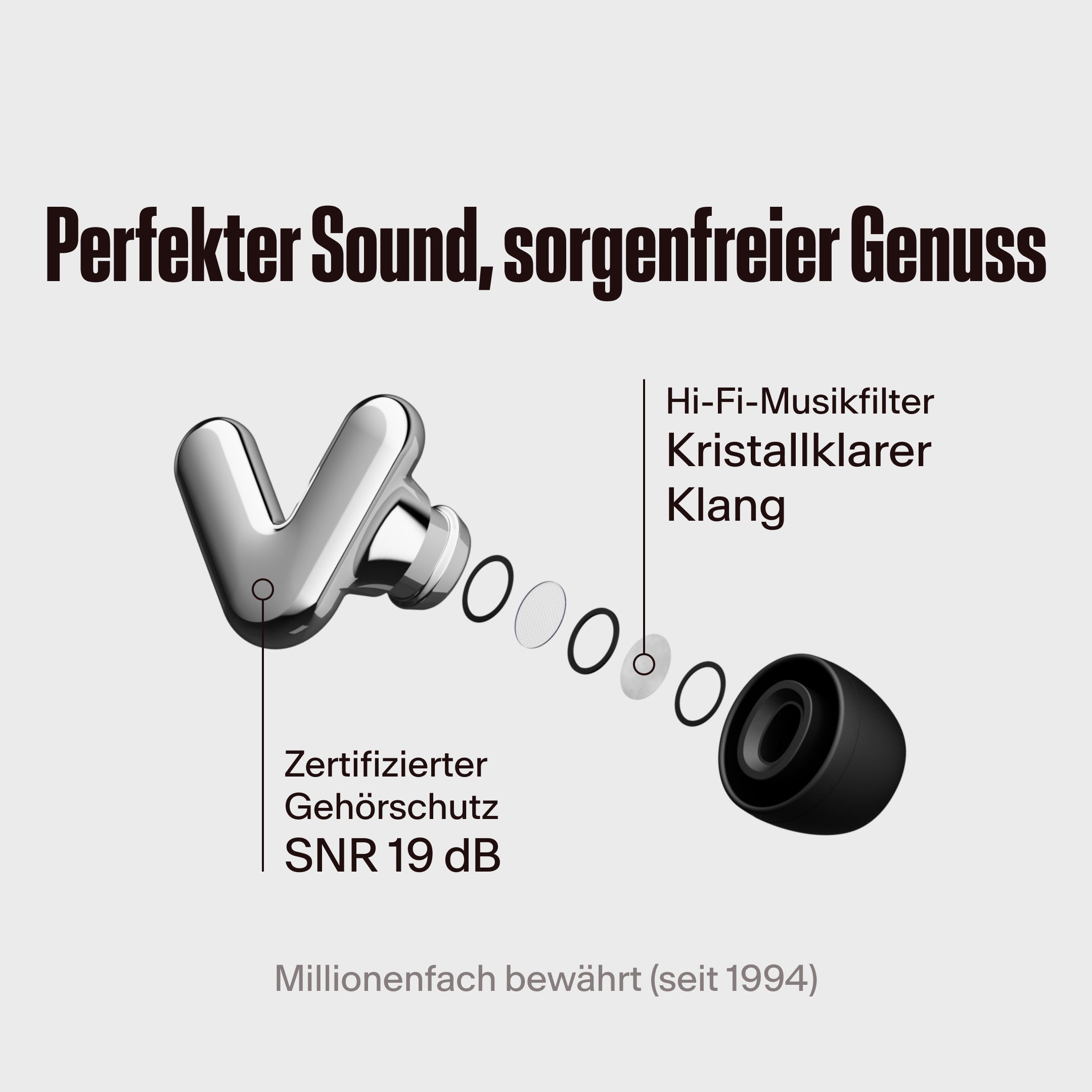 Alpine Tune Ohrhörer in Silber mit hervorgehobenem Hi-Fi-Filter, mit dem Text &