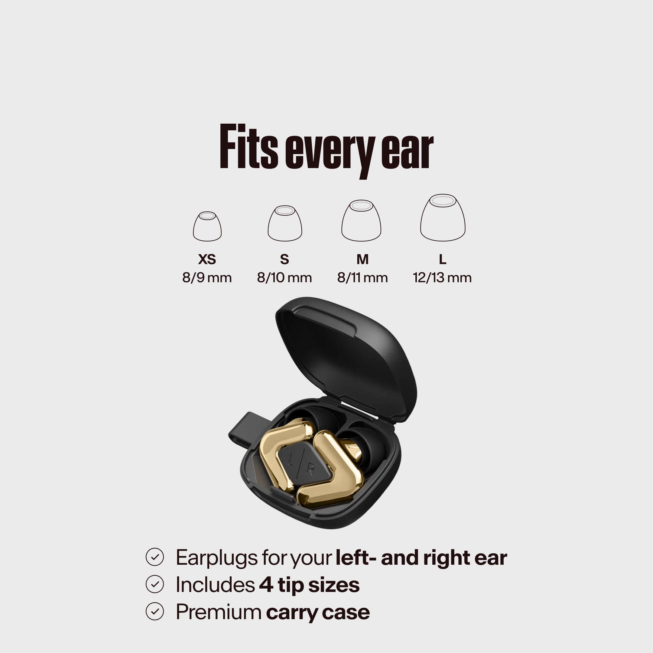 Alpine Tune gold packaging, text "Fits all ears", with eartips and case
