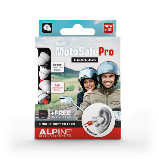 Alpine MotoSafe Pro earplugs for motorcyclicts Alpine hearing protection Earplugs earmuffs protect your ear red dot award Cleaning Spray Cord for earplugs Deluxe Pouch Ear Spray Miniboxx Sleeping Mask Travel pouch Travelbox Deluxe cleaning 