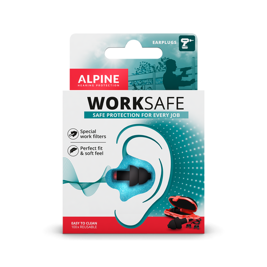 Alpine WorkSafe earplugs protect the ears during work Alpine hearing protection Earplugs earmuffs protect your ear red dot award working projects hobby professional Work safe Muffy Baby Muffy Kids Plug&Go packaging black 
