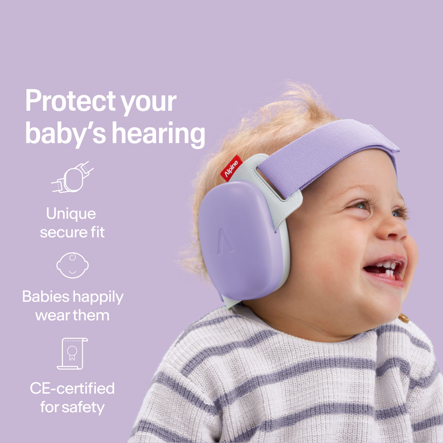 Happy baby wearing dawn-purple Alpine ear muffs with secure fit, CE-certified hearing protection 