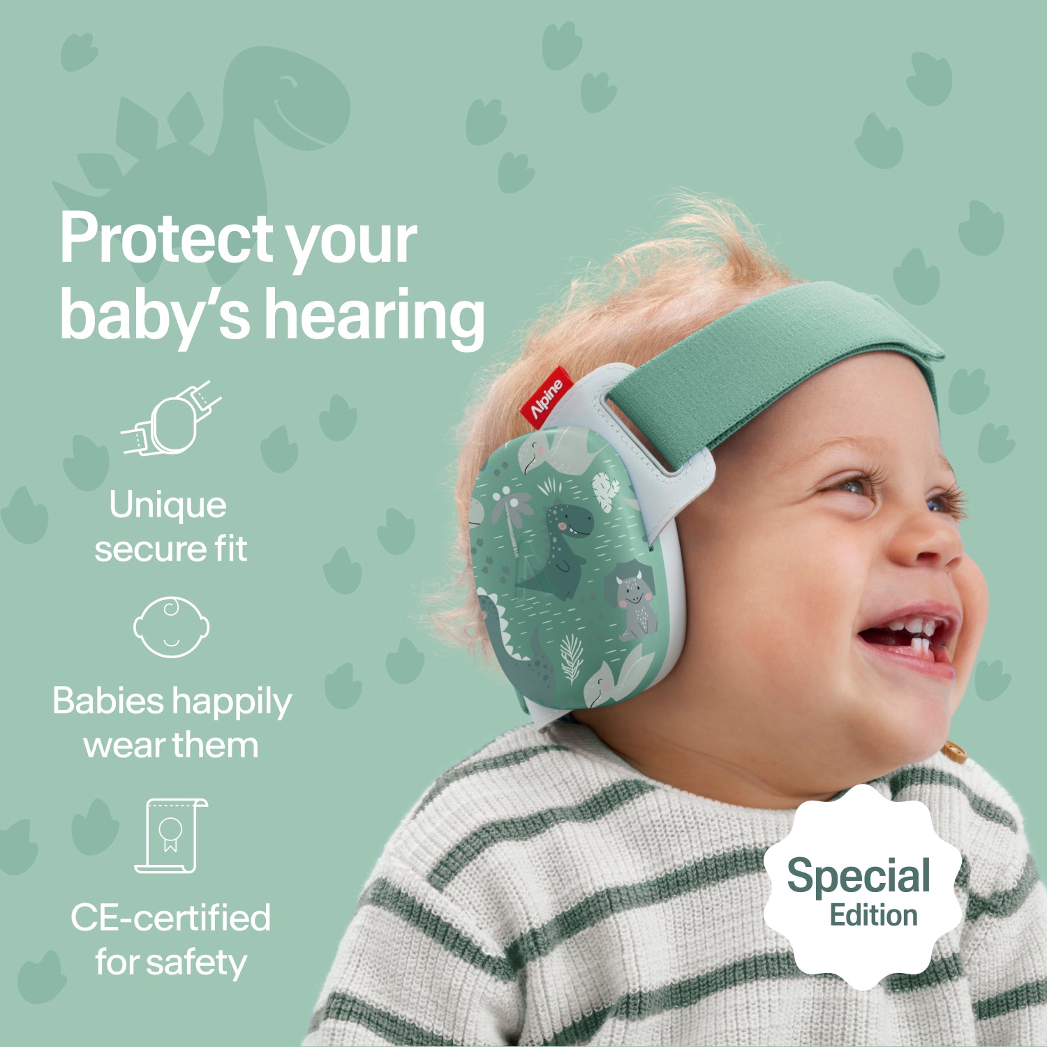 Happy baby wearing dino-print Alpine ear muffs with secure fit, CE-certified hearing protection 