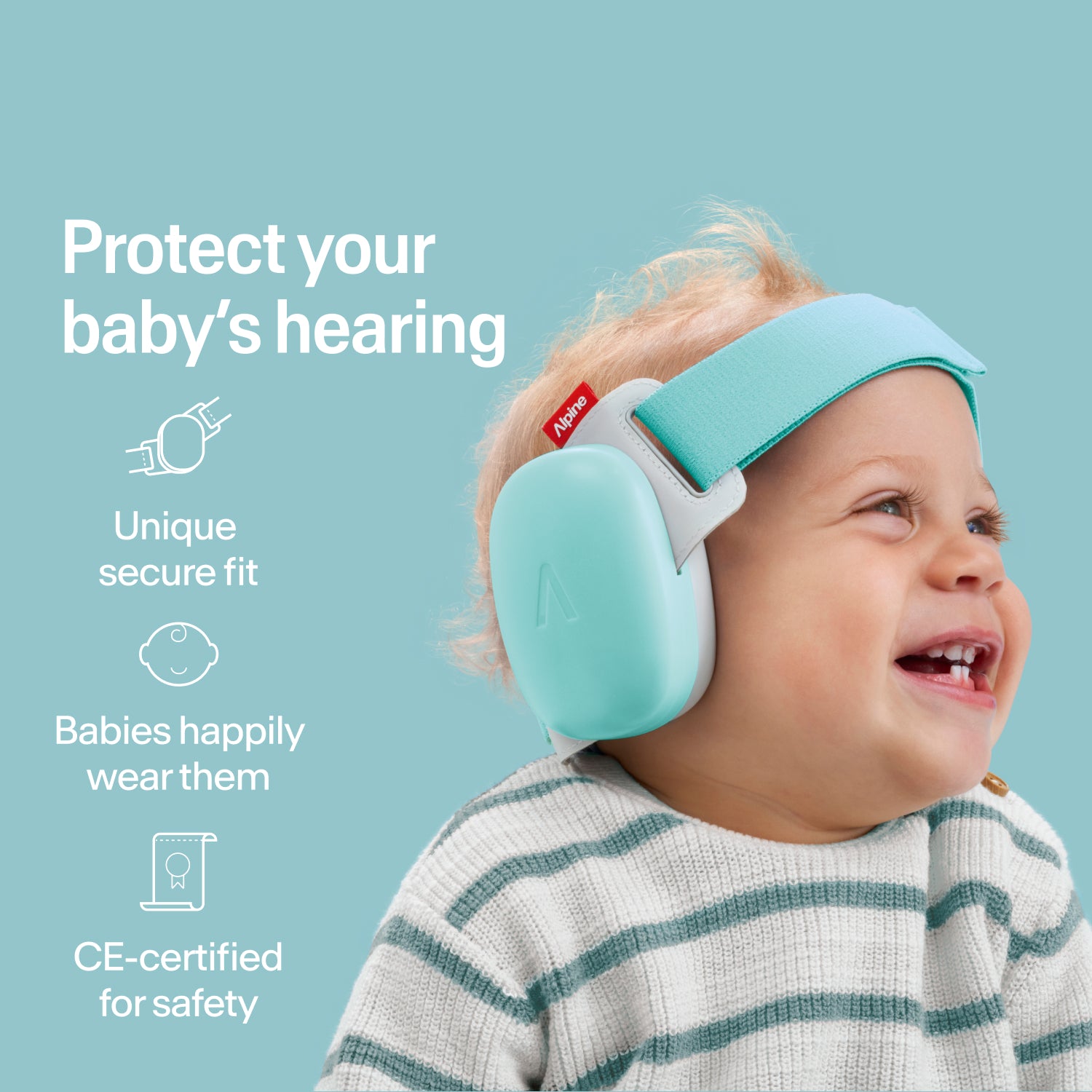 Happy baby wearing fresh aqua Alpine ear muffs with secure fit, CE-certified hearing protection 