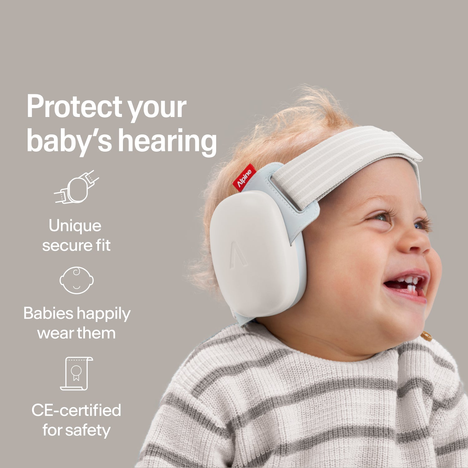 Happy baby wearing soft-sand Alpine ear muffs with secure fit, CE-certified hearing protection 