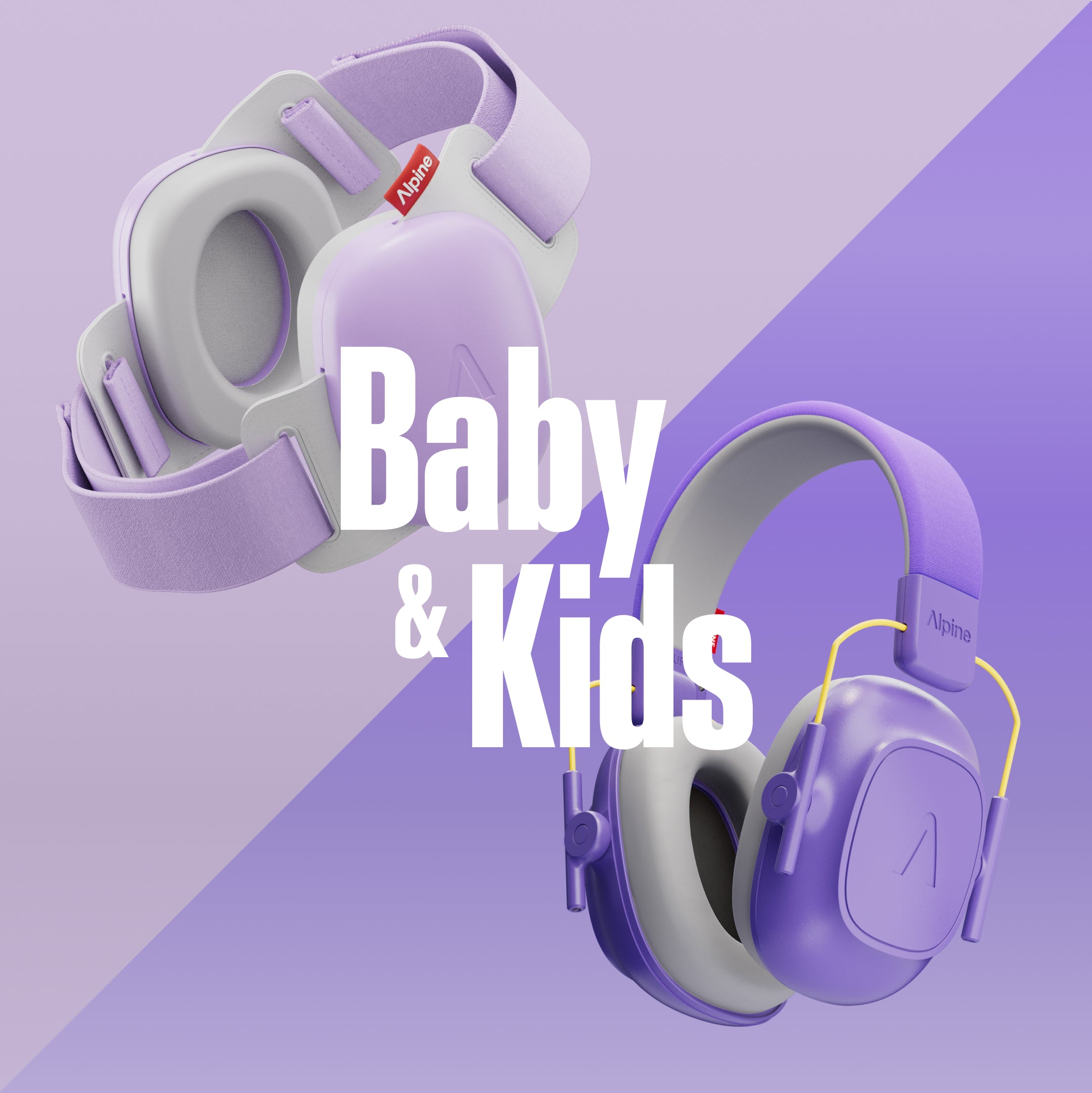Purple children& earmuffs with packaging on a two-tone purple background, featuring the text & & Kids&