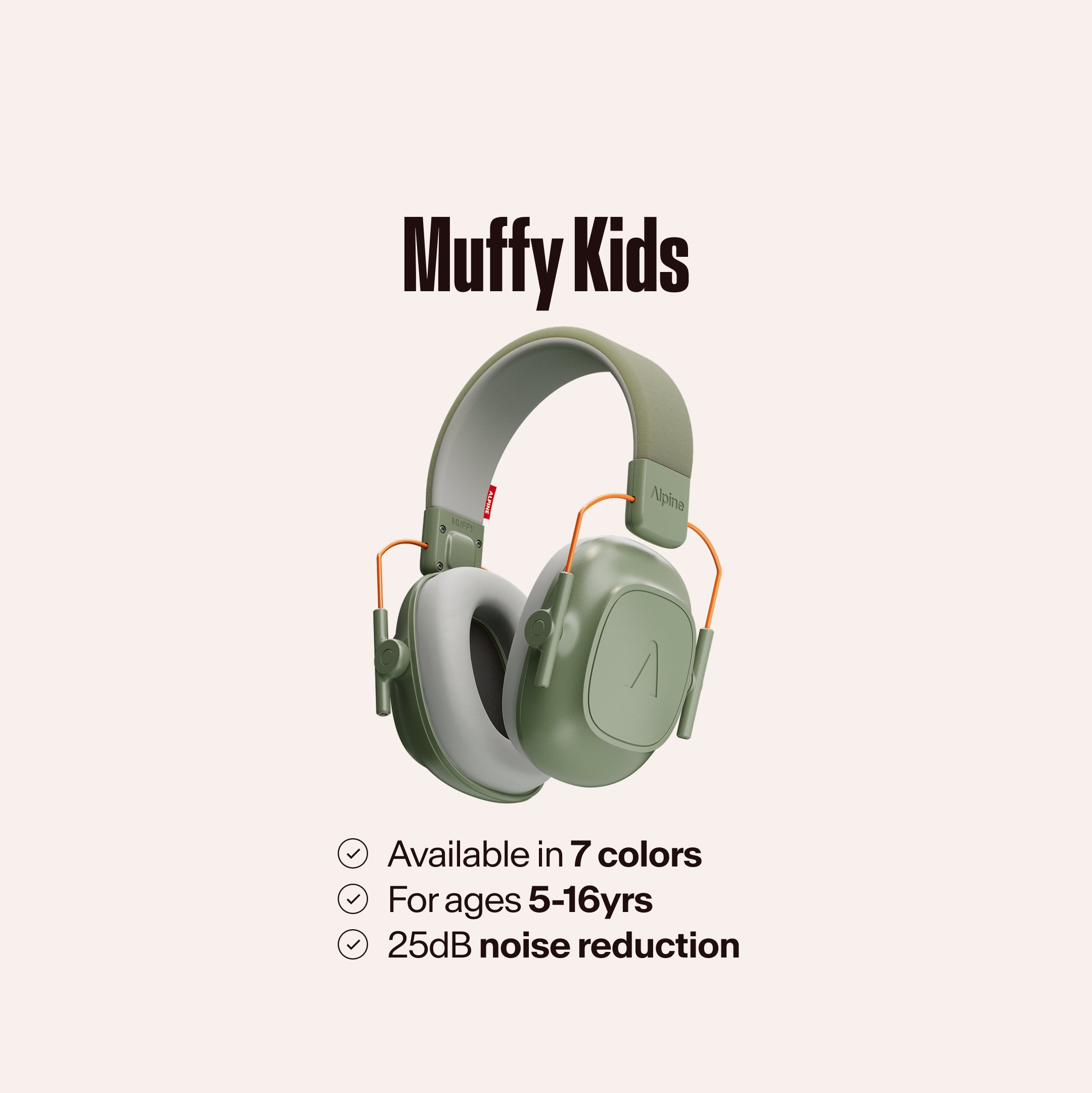Green alpine earmuffs with 'Muffy Kids' branding on a light gray background