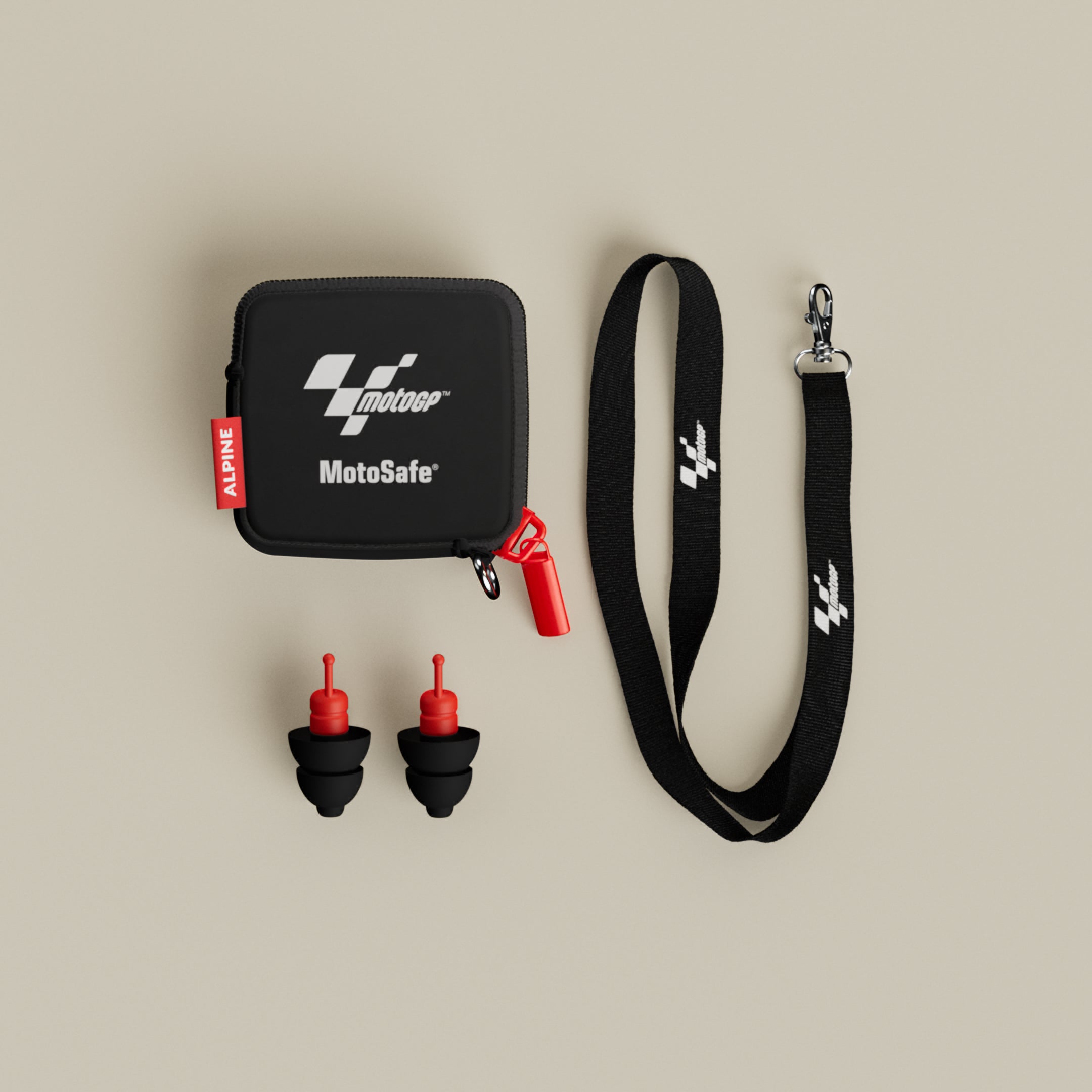 Alpine MotoGP™ Earplugs with MotoGP™ MotoSafe carrying pouch and lanyard, top view