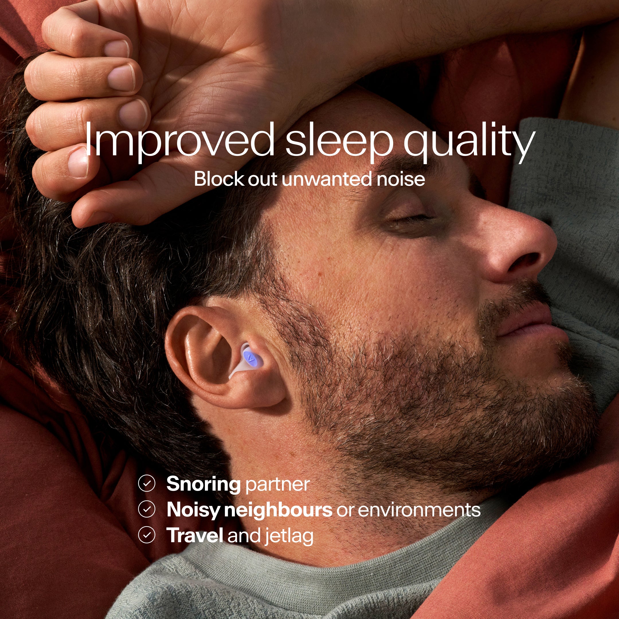 Man lying down with earplugs in, text about improved sleep quality and noise blocking