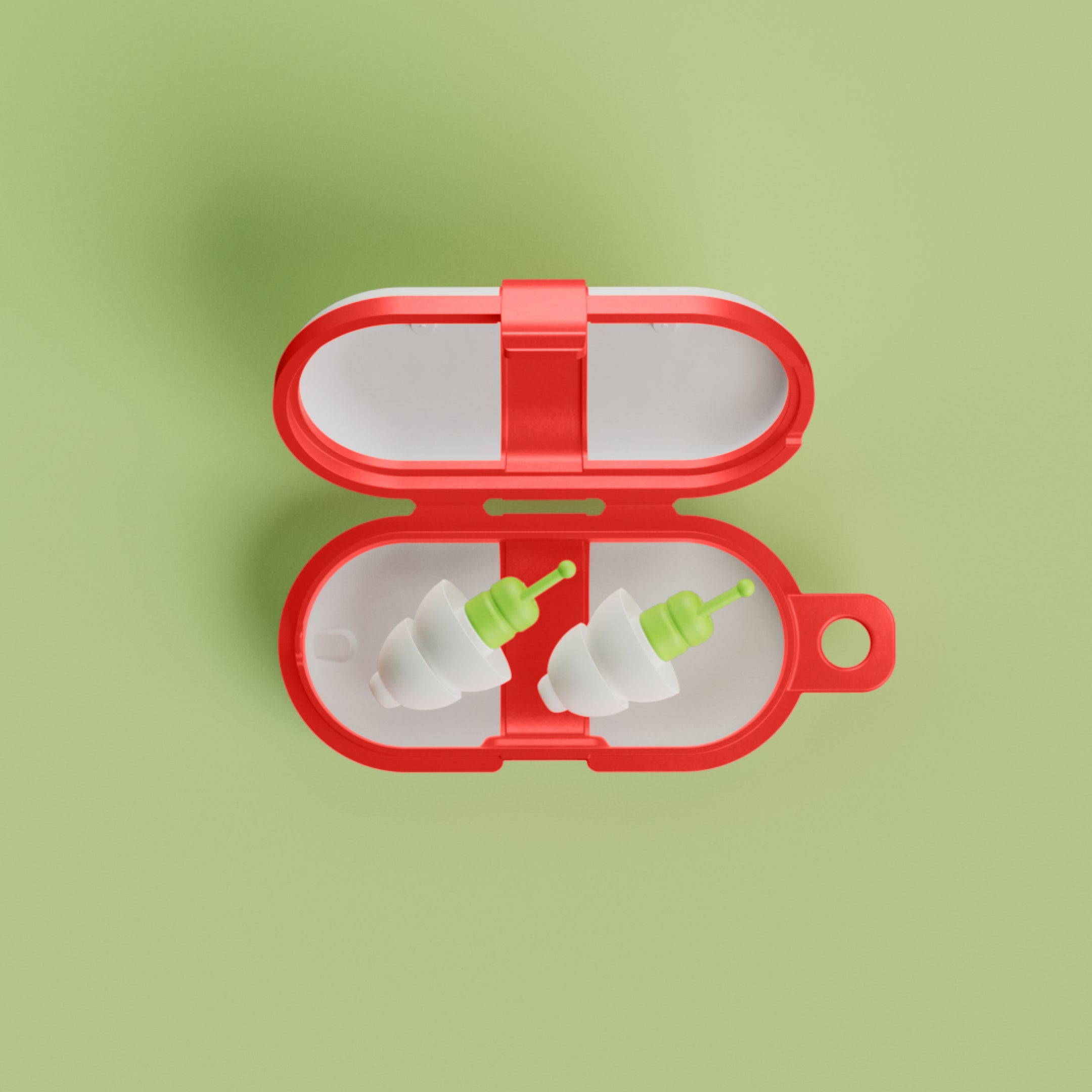 Pair of Alpine SleepSoft earplugs in an open red travel case, top view