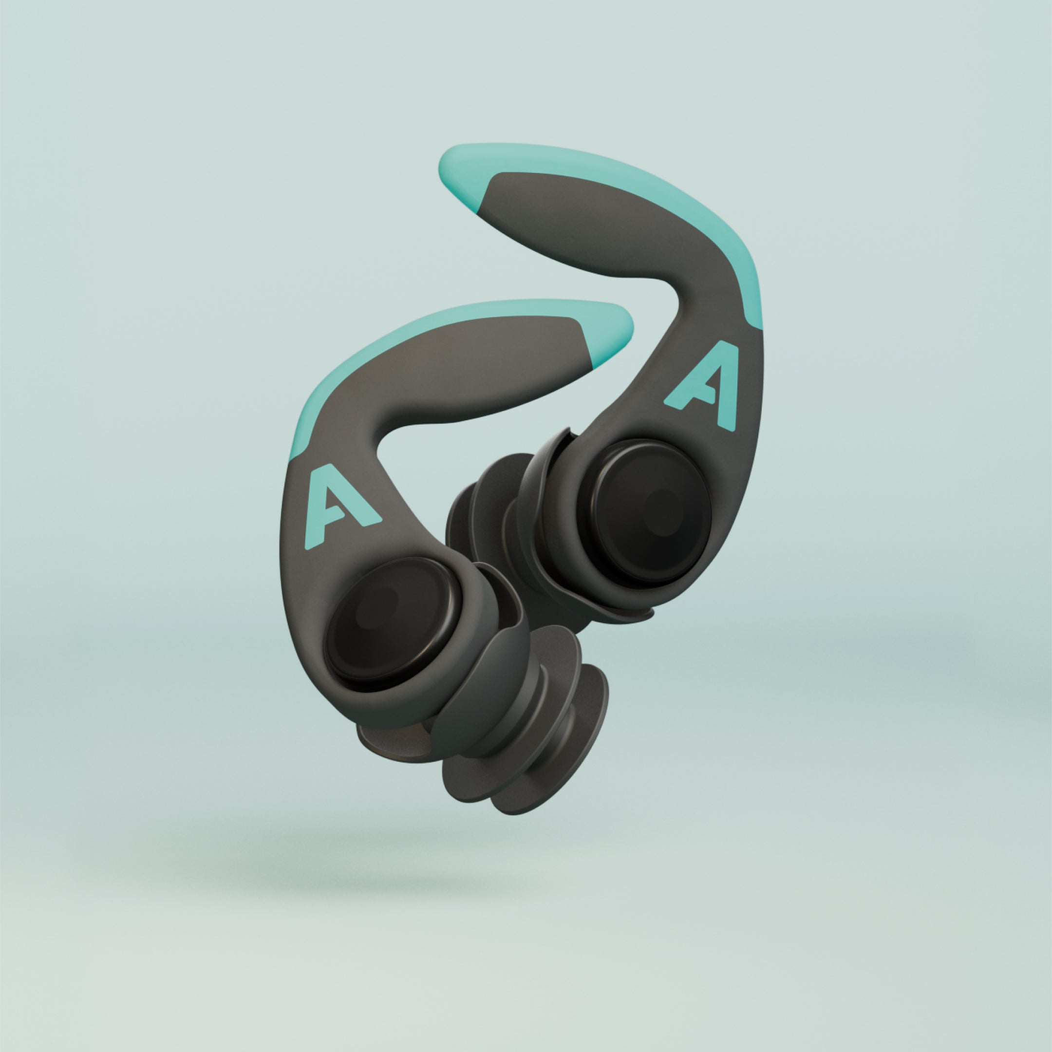 Pair of Alpine WaterSafe Pro earplugs with ear fins, 3D render on a light green background 