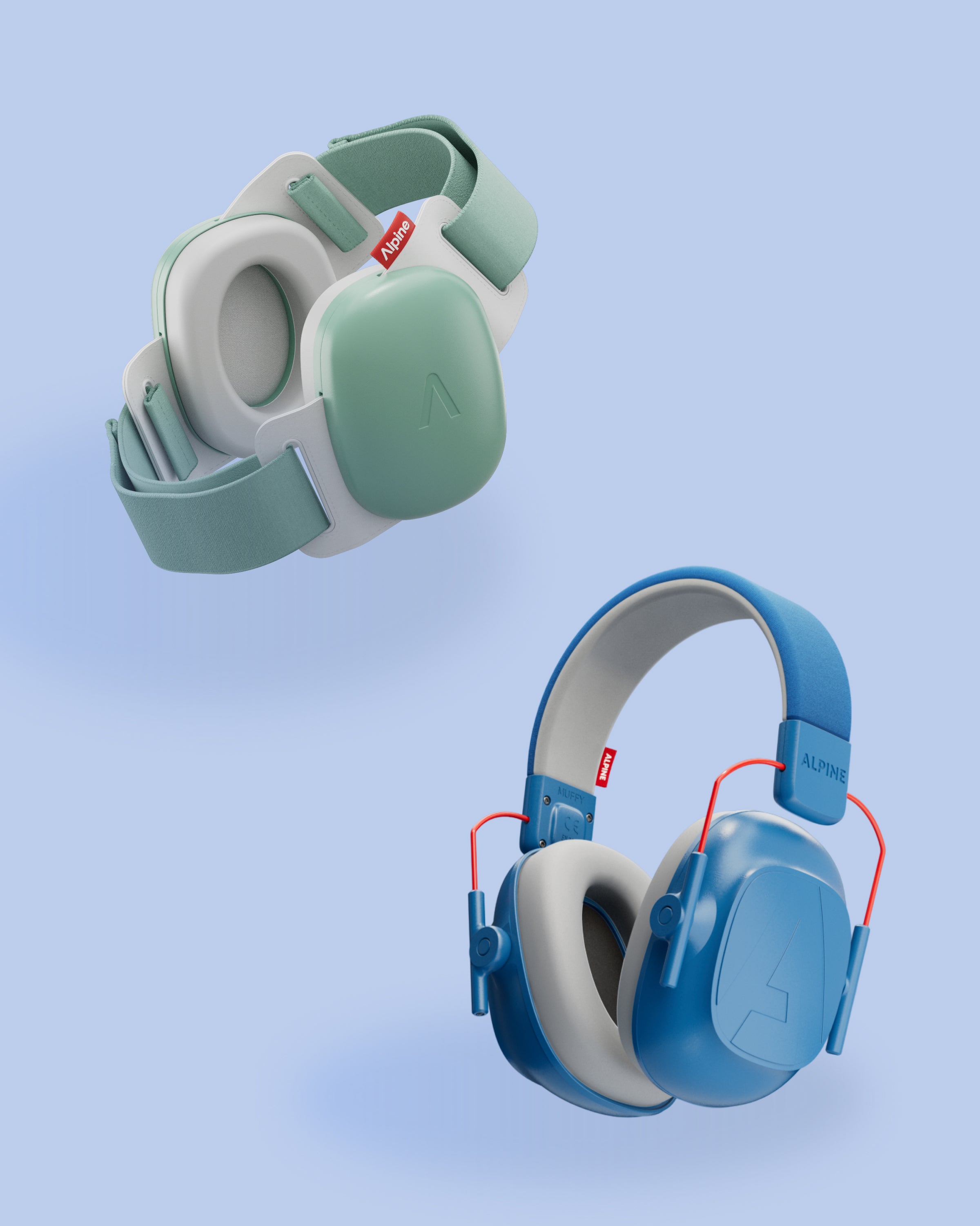 Pair of blue and green headphones on a light blue background