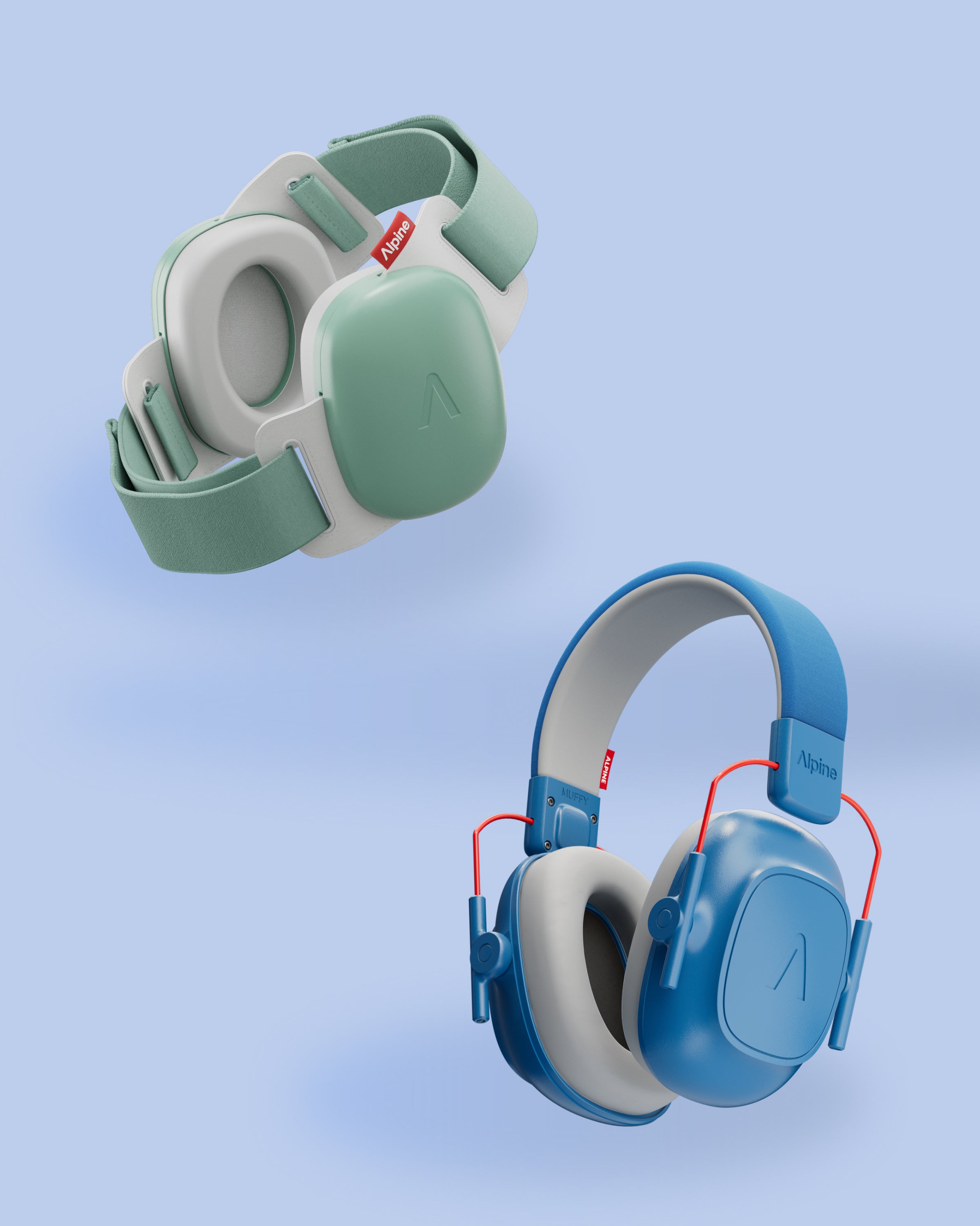 Pair of blue and green headphones on a light blue background 