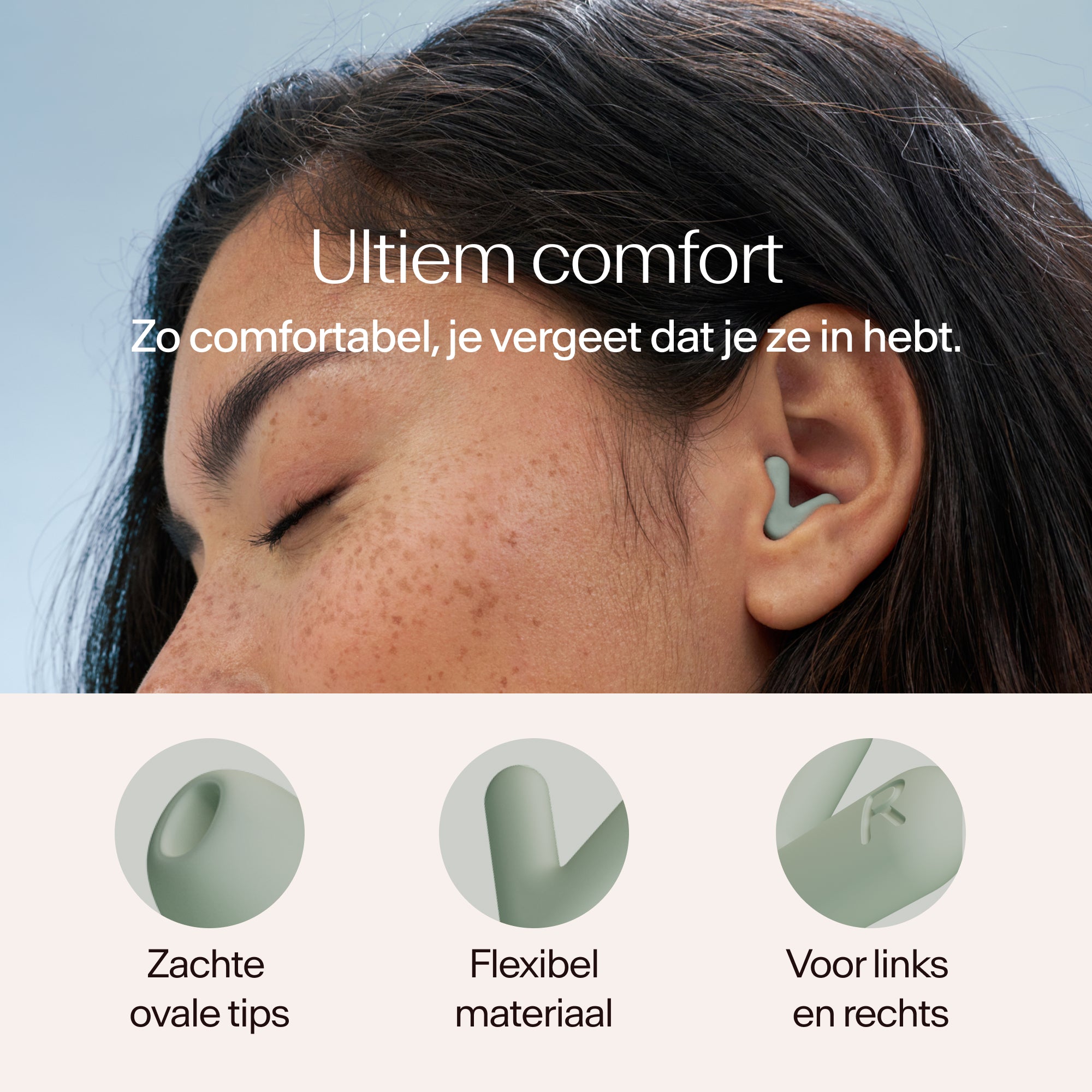 Close-up of a person wearing earplugs with text about comfort and product features 