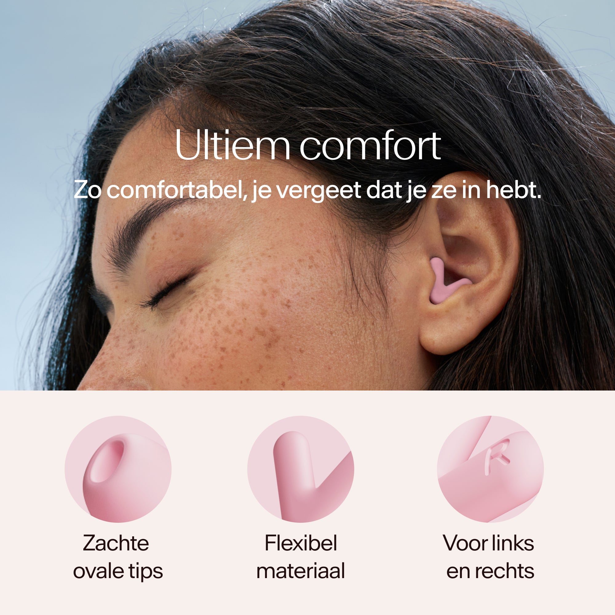 Close-up of a person wearing earplugs with text about comfort and product features 