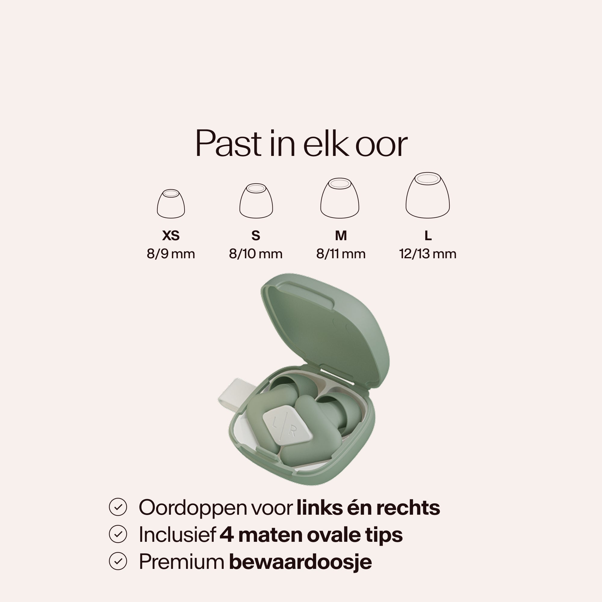 Beige earbud case with size chart on a light pink background 