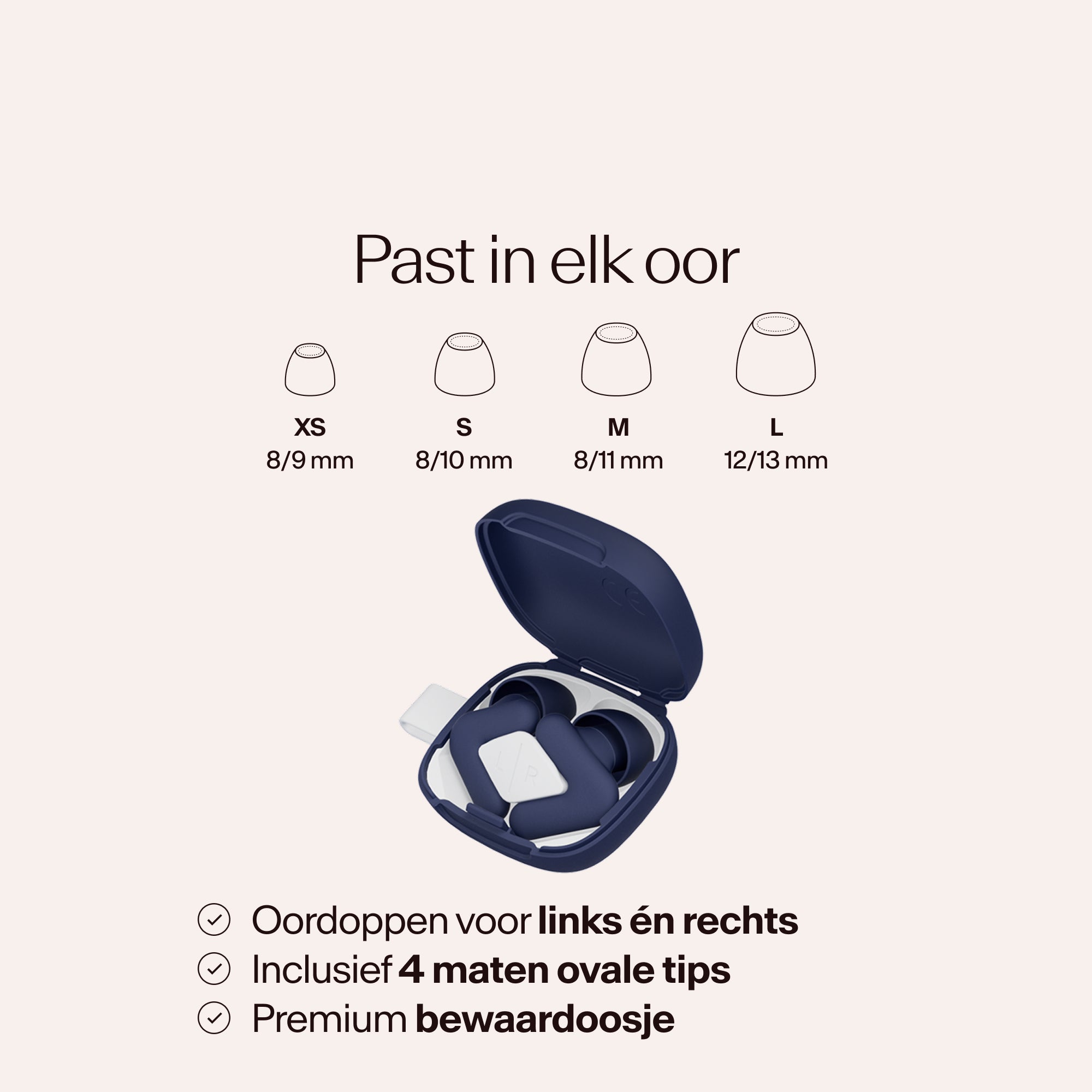 Beige earbud case with size chart on a light pink background 