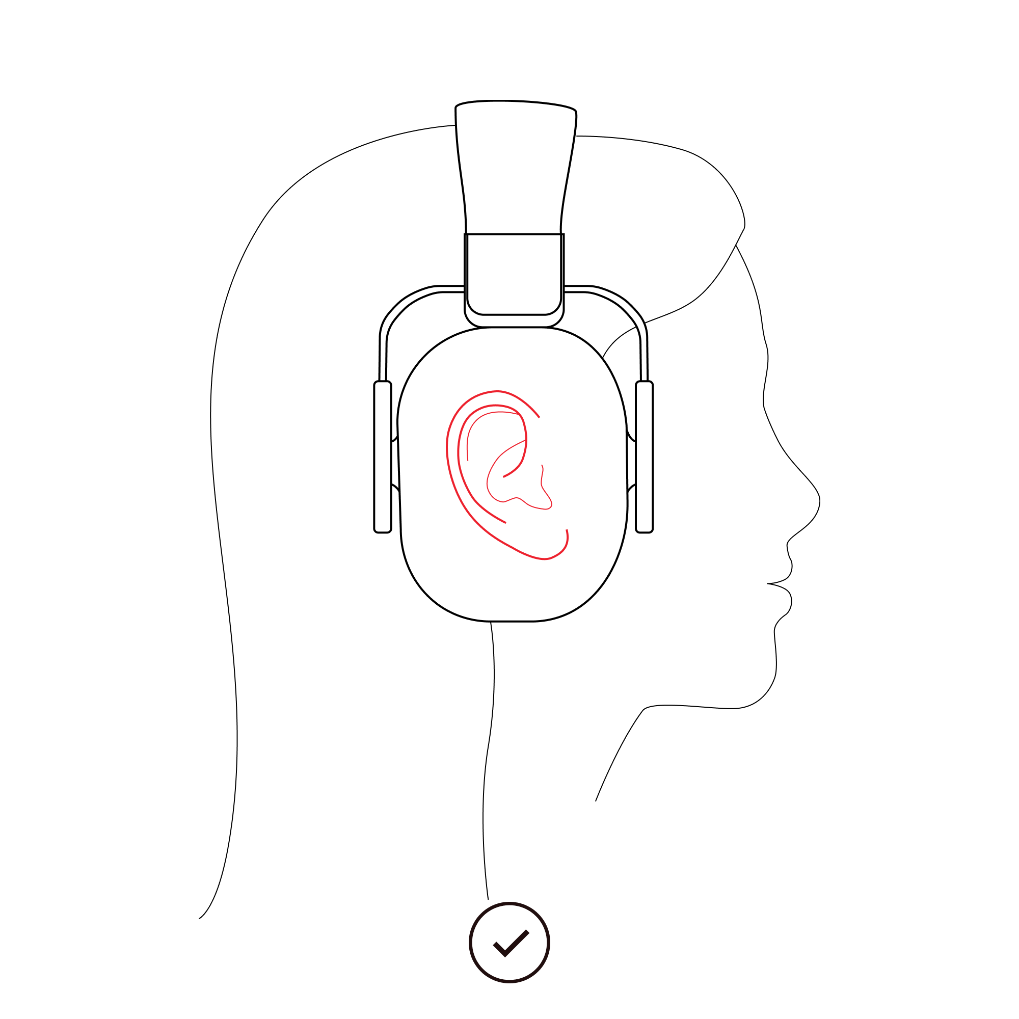 Illustration of female wearing the alpine defender the right way shown from the side so that ear properly sits within the ear muff