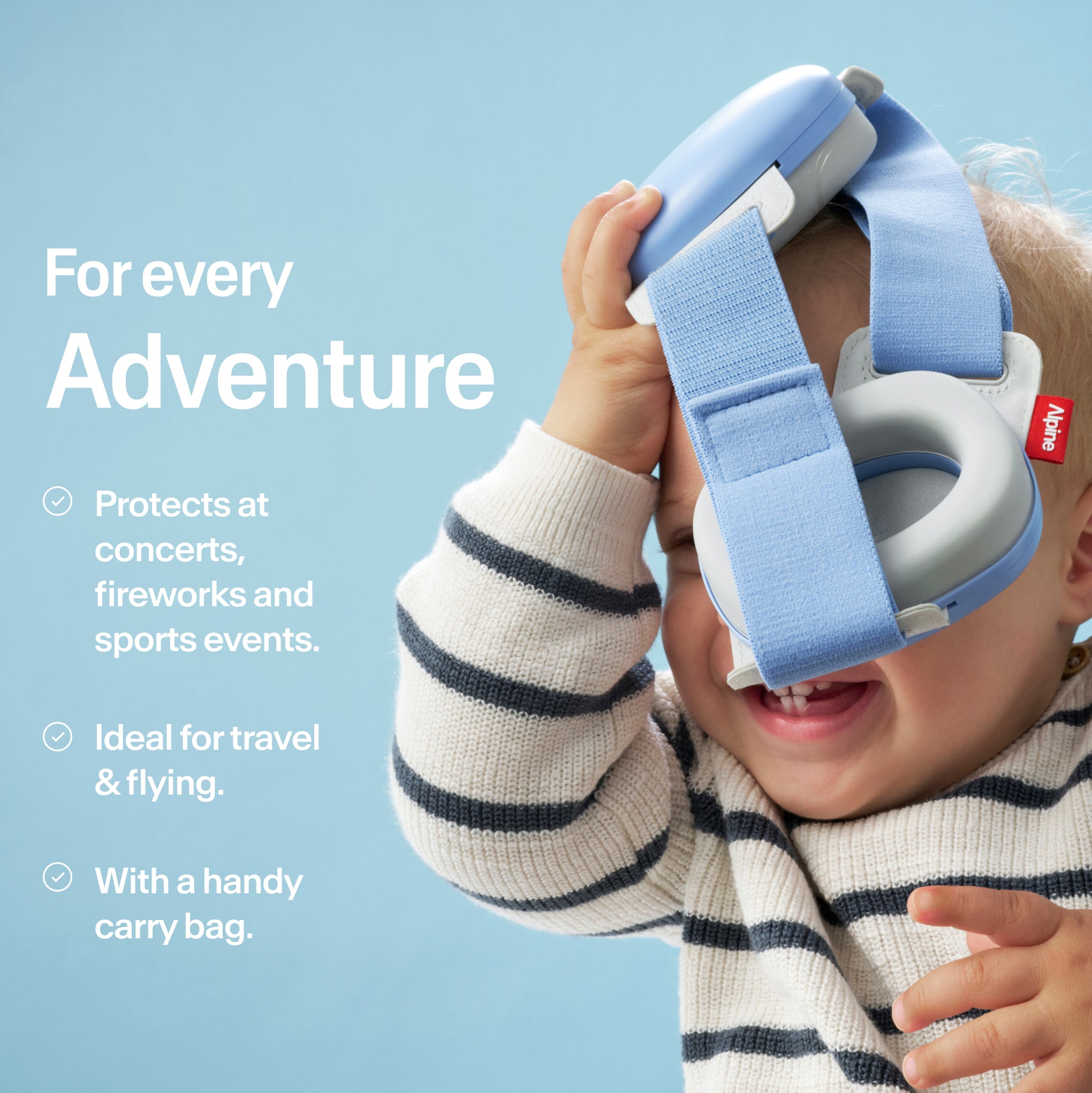 Baby holding Alpine Muffy Baby in sky blue in hand with USPs for use #color_sky-blue