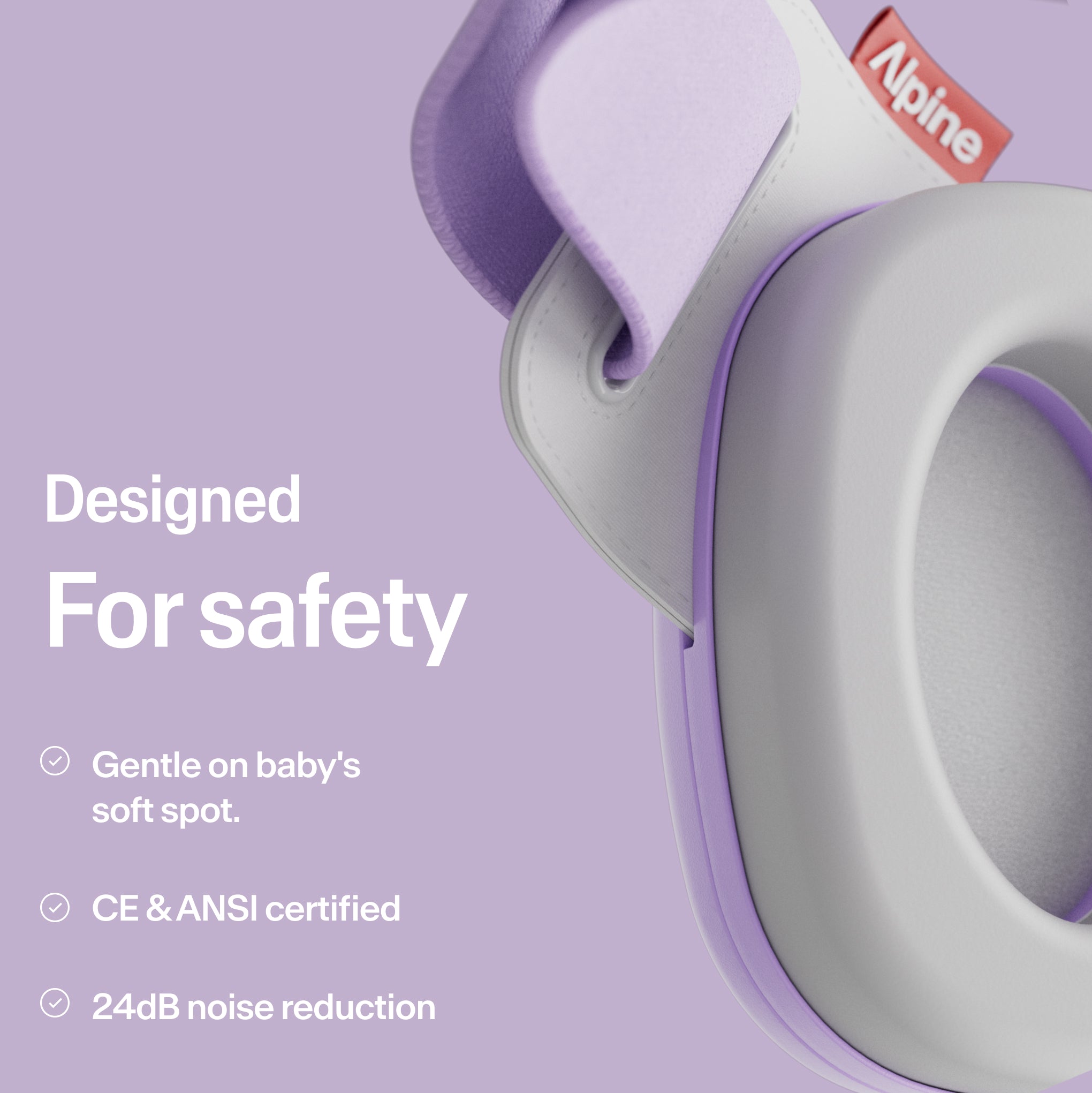 Close-up Alpine Muffy Baby in dawn purple with explanation about product safety 