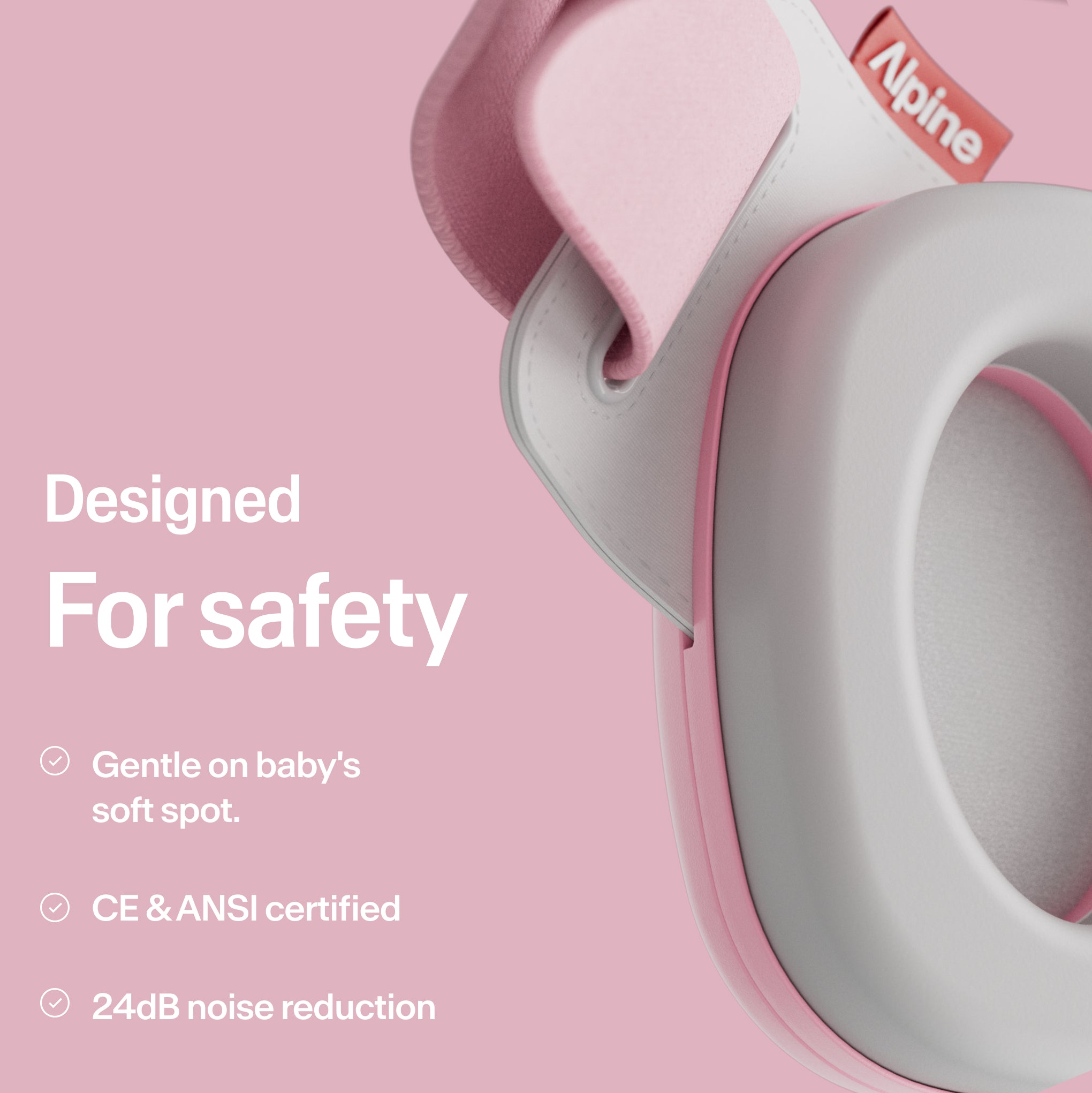 Close-up Alpine Muffy Baby in rose pink with explanation about product safety 