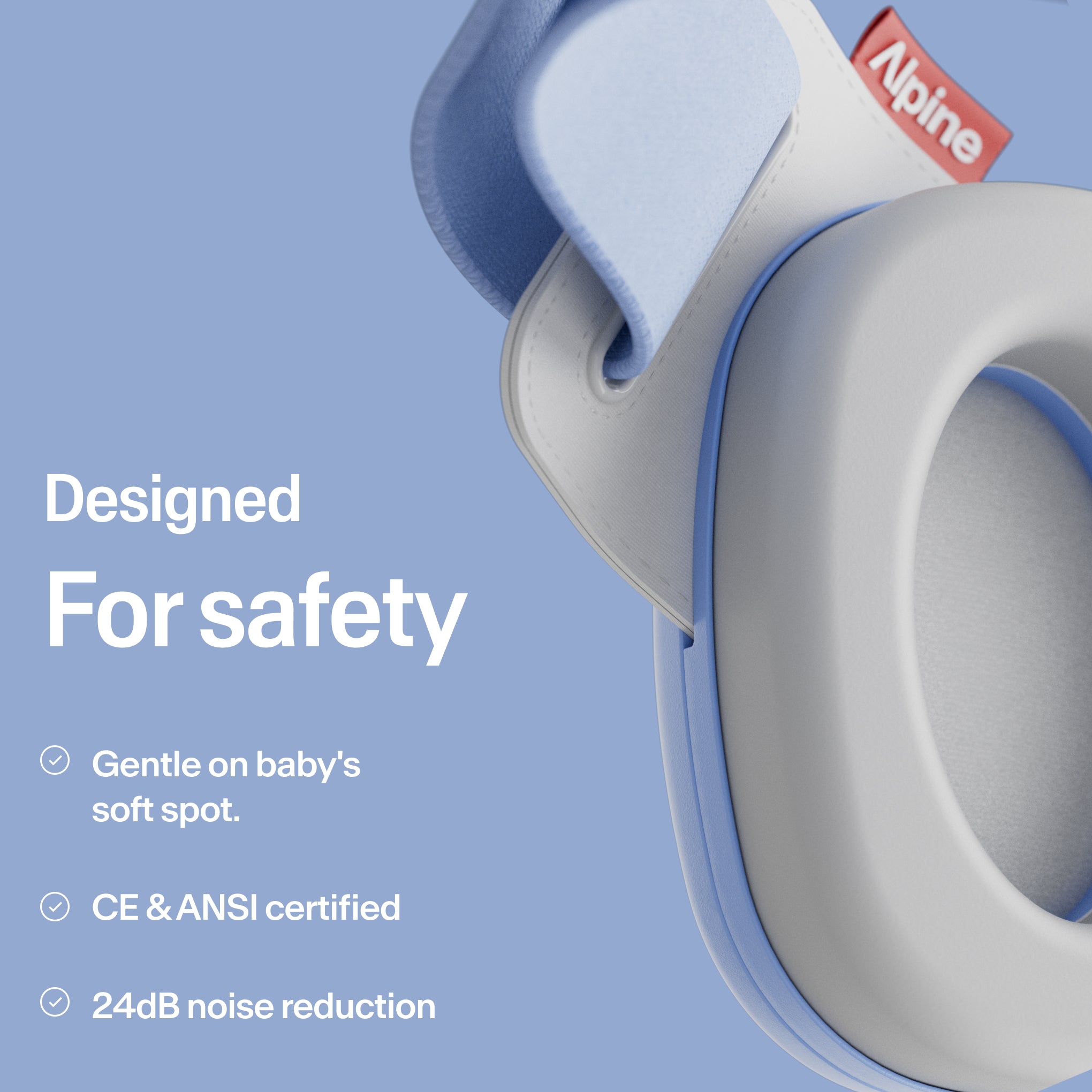 Close-up Alpine Muffy Baby in sky blue with explanation about product safety 