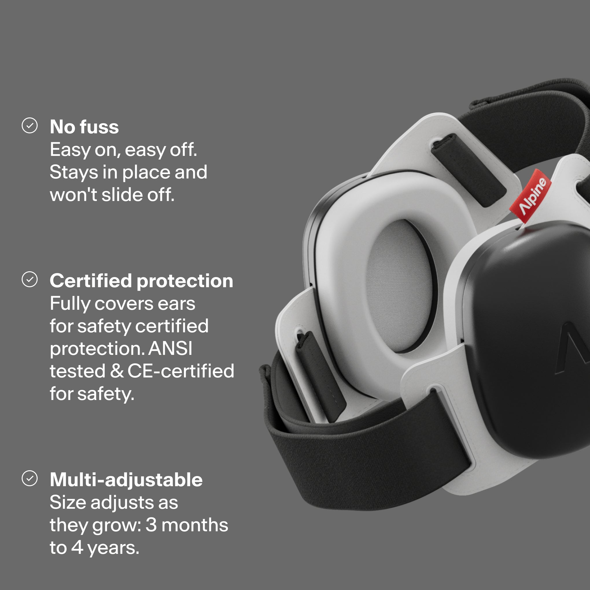 Render Alpine Muffy Baby in black with three USPs: easy for kids, protection, and adjustable 