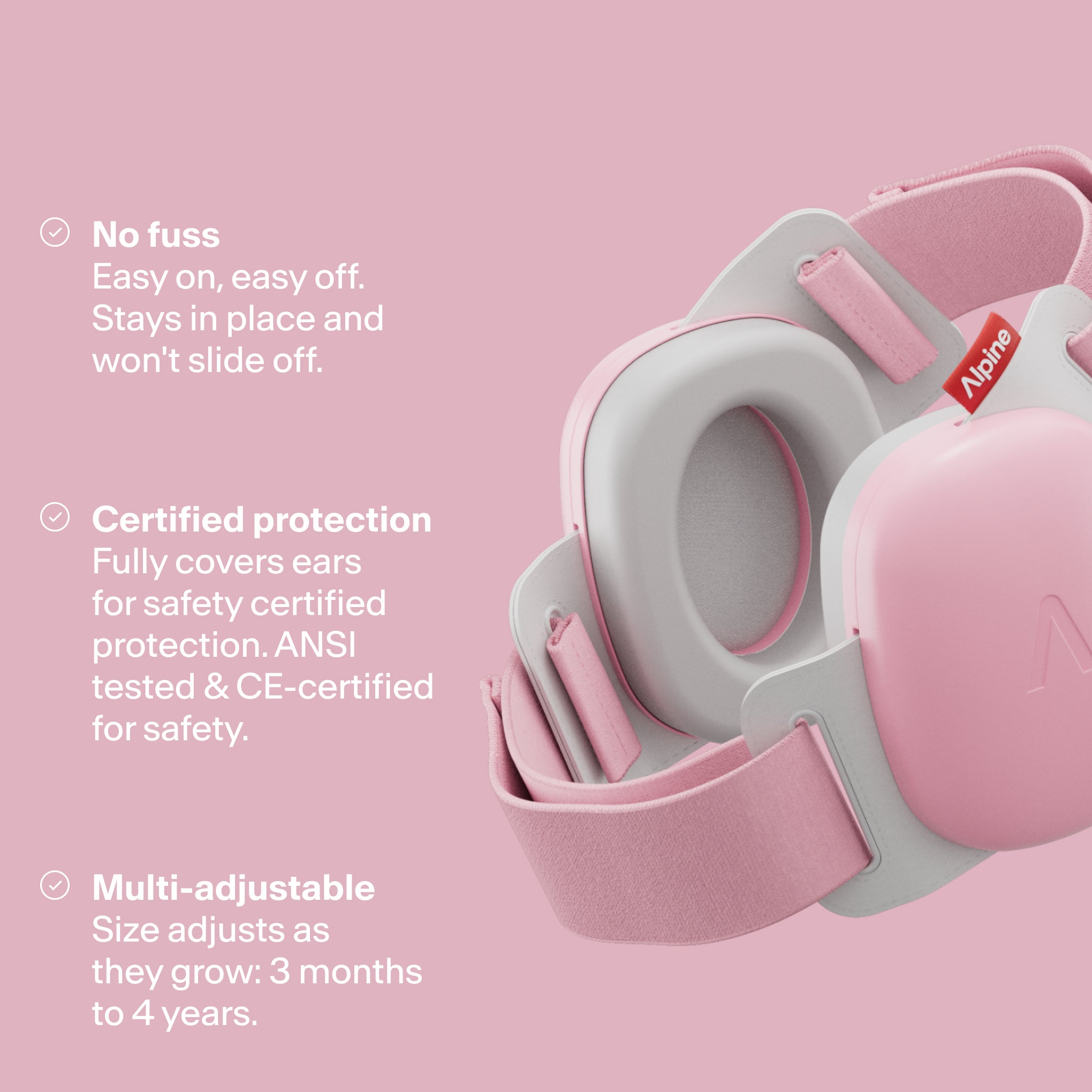 Render Alpine Muffy Baby in rose pink with three USPs: easy for kids, protection, and adjustable 